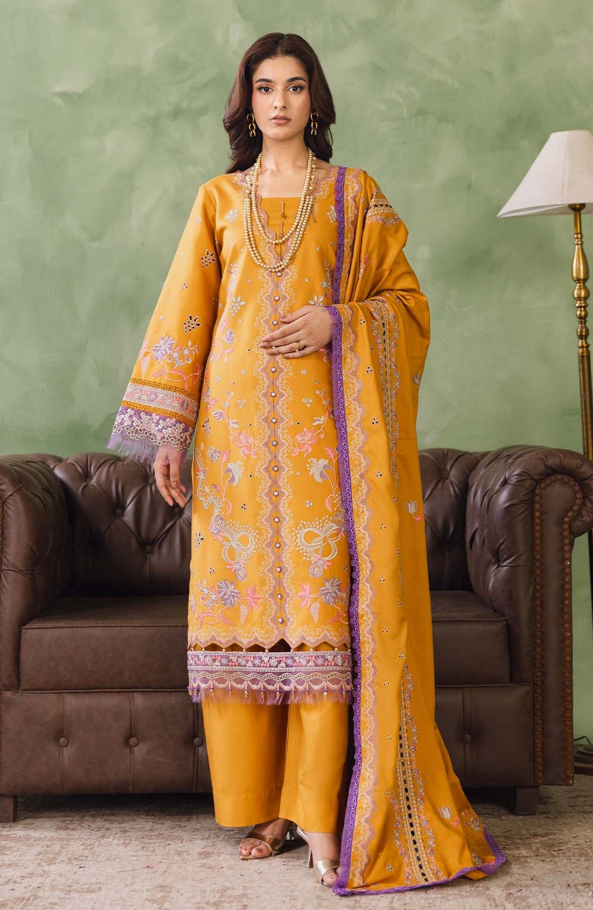 Peridot Embroidered Slub Linen Unstitched 3 Piece Suit - 598-A - PT26WT - Yellow - Winter Collection