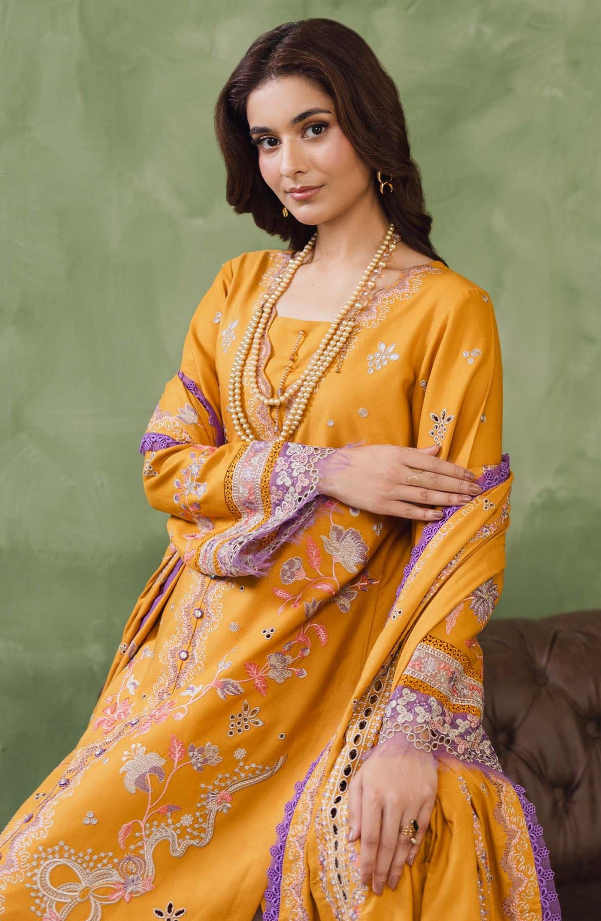 Peridot Embroidered Slub Linen Unstitched 3 Piece Suit - 598-A - PT26WT - Yellow - Winter Collection
