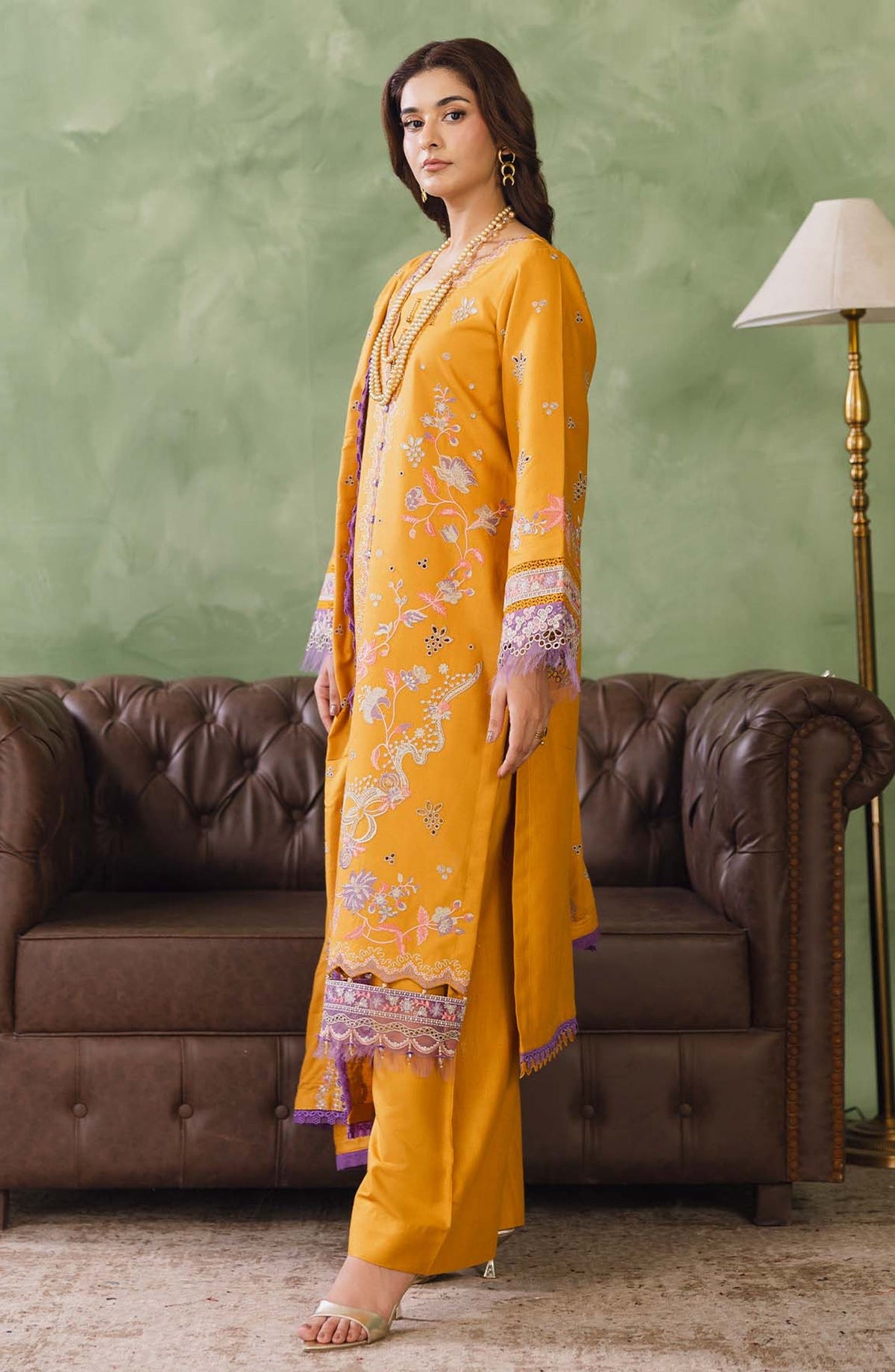 Peridot Embroidered Slub Linen Unstitched 3 Piece Suit - 598-A - PT26WT - Yellow - Winter Collection