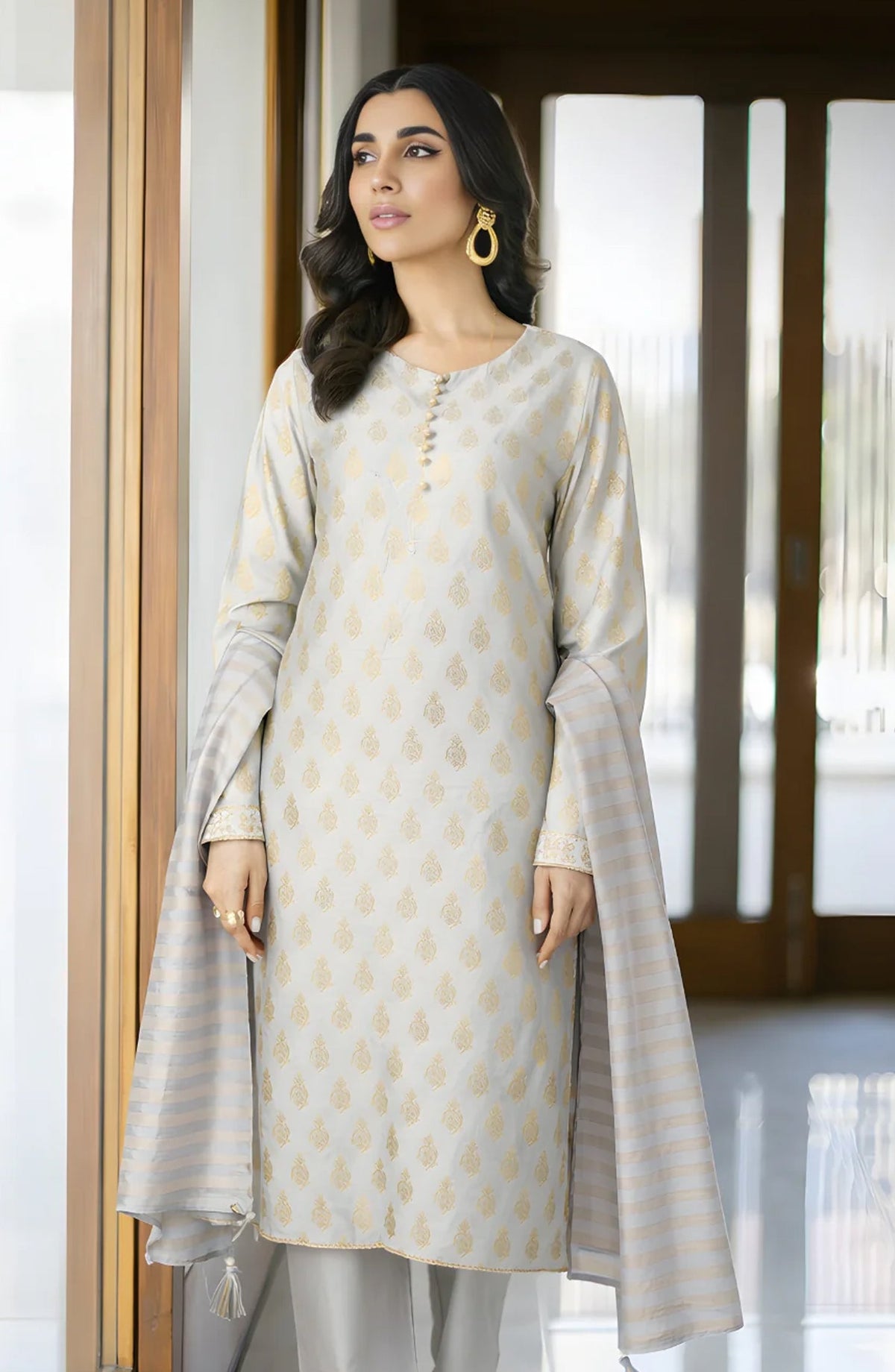 Ayla Printed Lawn Jacquard Stitched 3 Piece Suit - Sahab Baft - AY26ED - Grey - Eid Collection