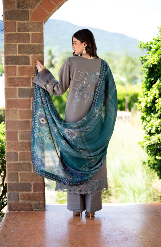 Florent Serenity Embroidered Karandi Unstitched 3 Piece Suit - 05 Sia - FL26SNT - Grey - Winter Collection