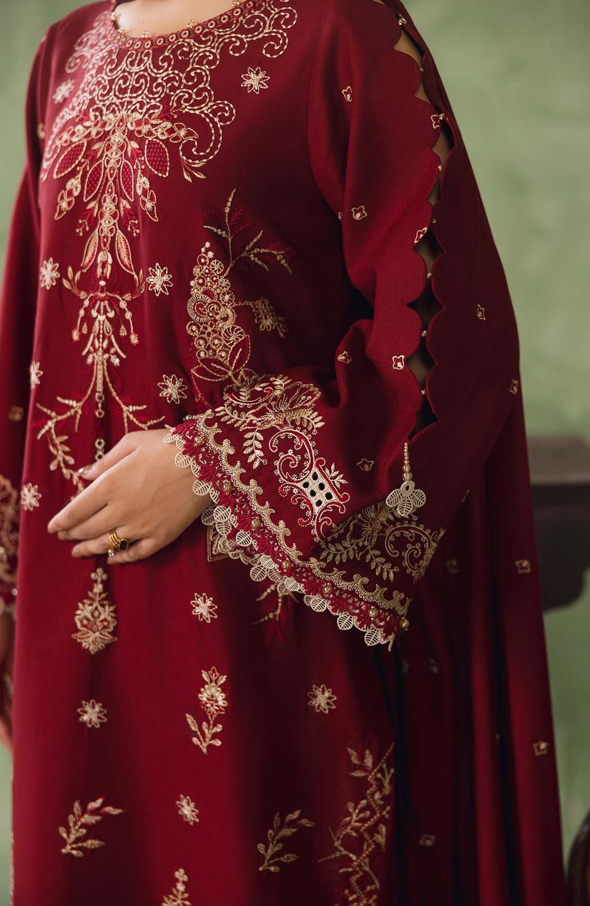 Peridot Embroidered Slub Linen Unstitched 3 Piece Suit - 596-A - PT26WT - Red - Winter Collection