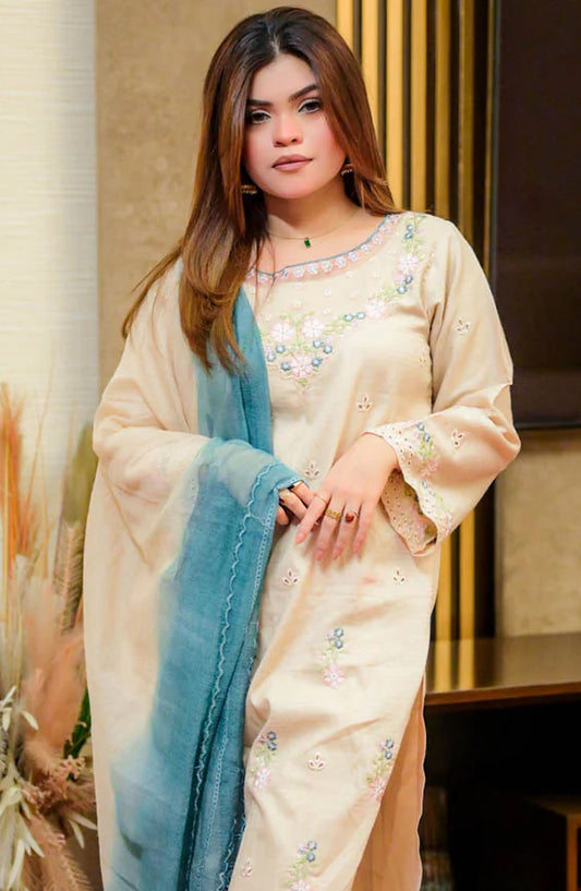 TNG Embroidered Chikankari Stitched 3 Piece Suit - AR-001803 Muskaan - TNG25EC - Beige - Festive Collection