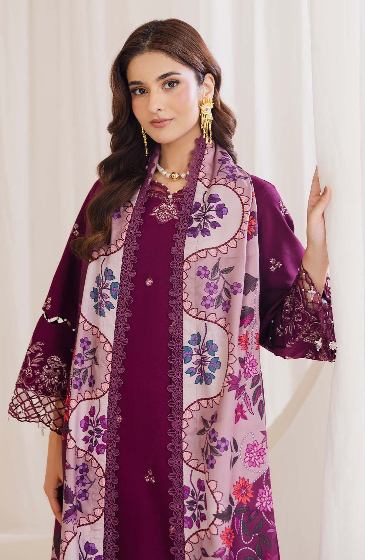 Peridot Embroidered Slub Linen Unstitched 3 Piece Suit - 595-B - PT26WT - Purple - Winter Collection