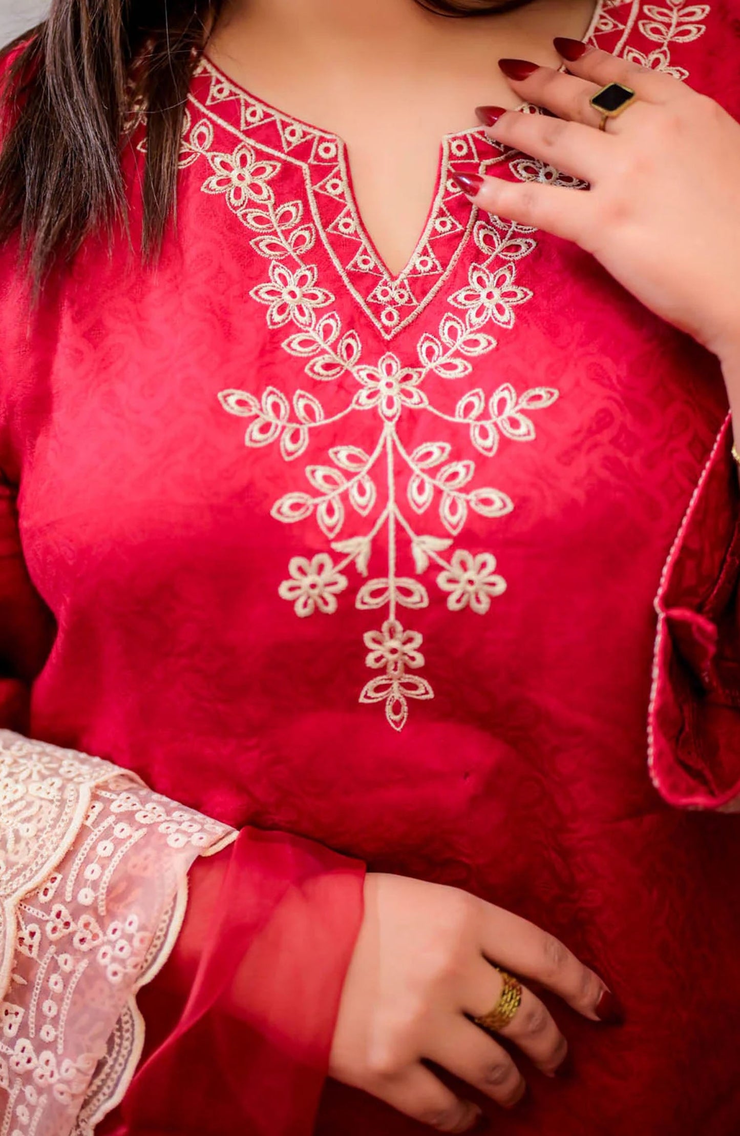 TNG Embroidered Self Jacquard Stitched 3 Piece Suit - AR-001806 Fabiha - TNG25EC - Red - Festive Collection