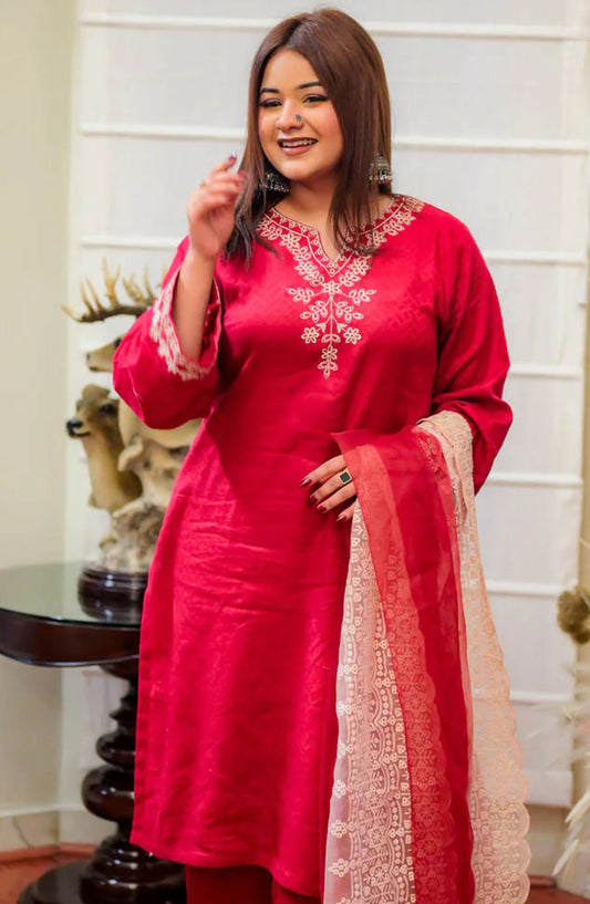 TNG Embroidered Self Jacquard Stitched 3 Piece Suit - AR-001806 Fabiha - TNG25EC - Red - Festive Collection