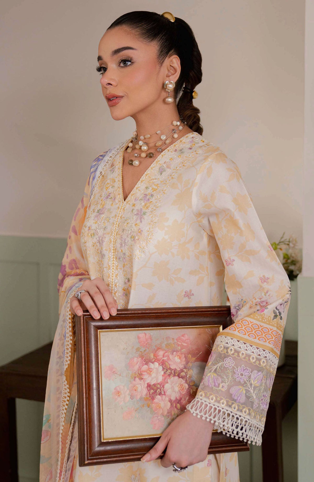 Neeshay Embroidered Lawn Unstitched 3 Piece Suit - Honey Pearl - NSH25SL2 - Yellow - Summer Collection