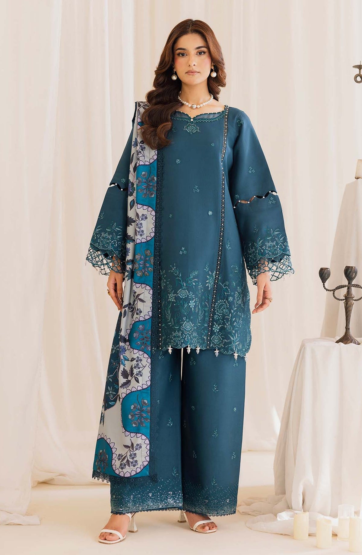 Peridot Embroidered Slub Linen Unstitched 3 Piece Suit - 595-A - PT26WT - Blue - Winter Collection
