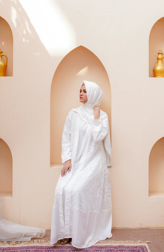 La Khilaba Luxury Wear Printed Premium Quality Sequin Net - White Sequin Open Abaya - LKH25LWR - Abaya Collection