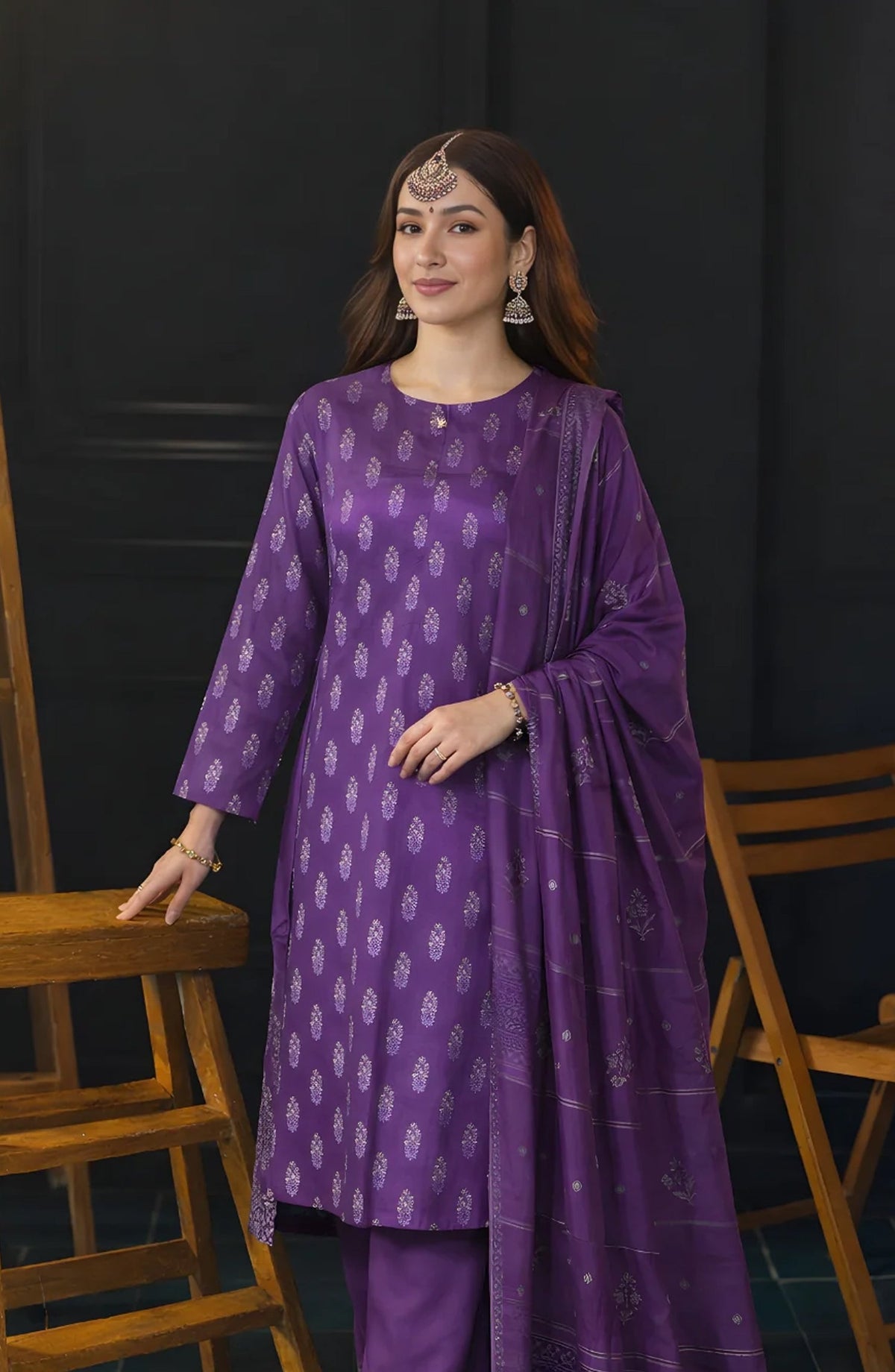 Ayla Printed Lawn Jacquard Stitched 3 Piece Suit - Zafaran Baft - AY26ED - Purple - Eid Collection