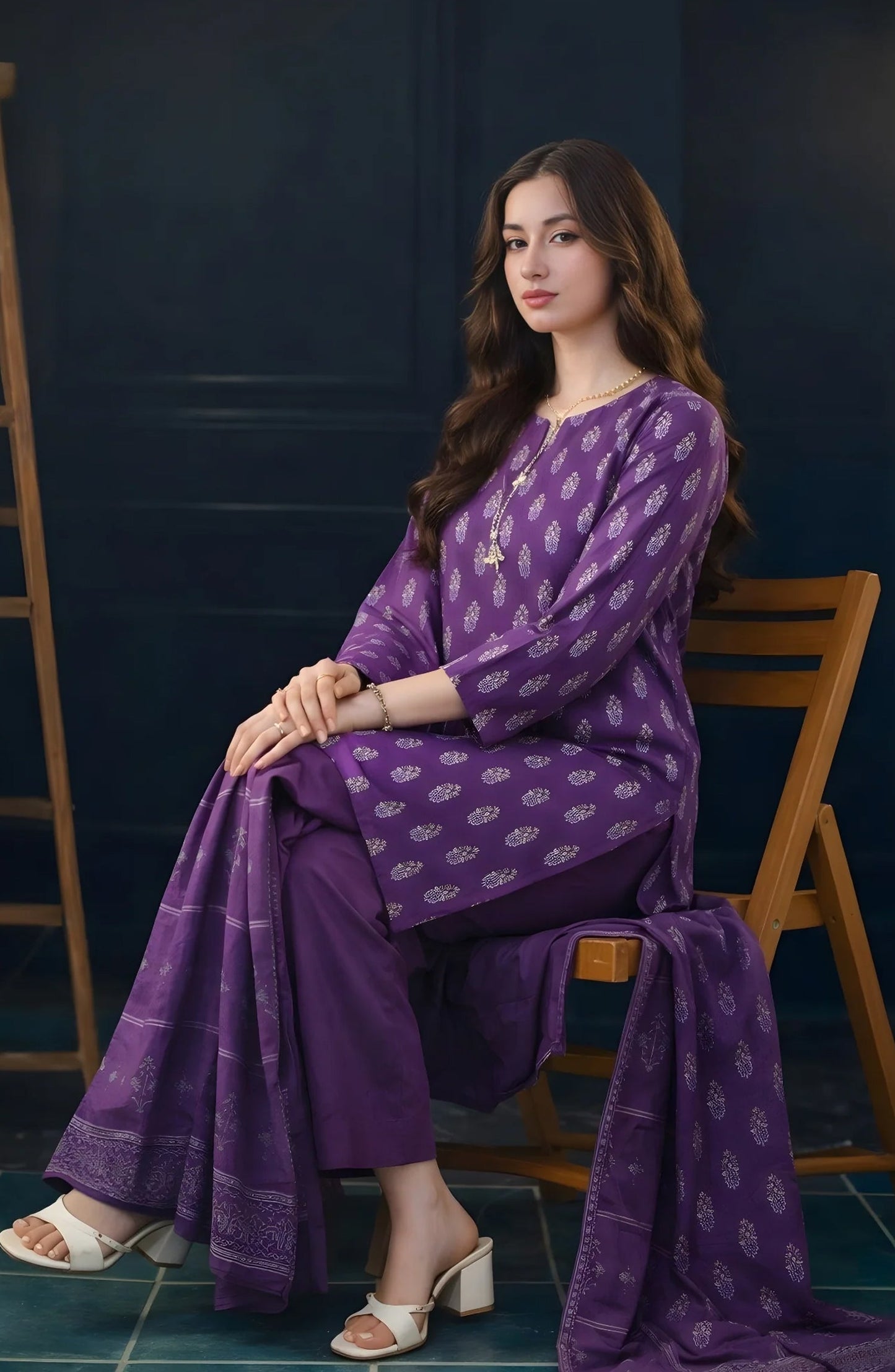 Ayla Printed Lawn Jacquard Stitched 3 Piece Suit - Zafaran Baft - AY26ED - Purple - Eid Collection