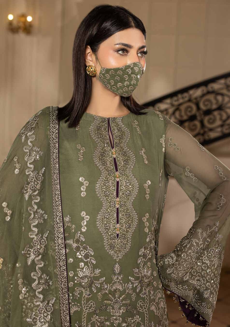 Kuch Khas By Flossie Chandani At Premium Chiffon 3pc Unstitched Suit - KKFCAK - D-01 - Pista