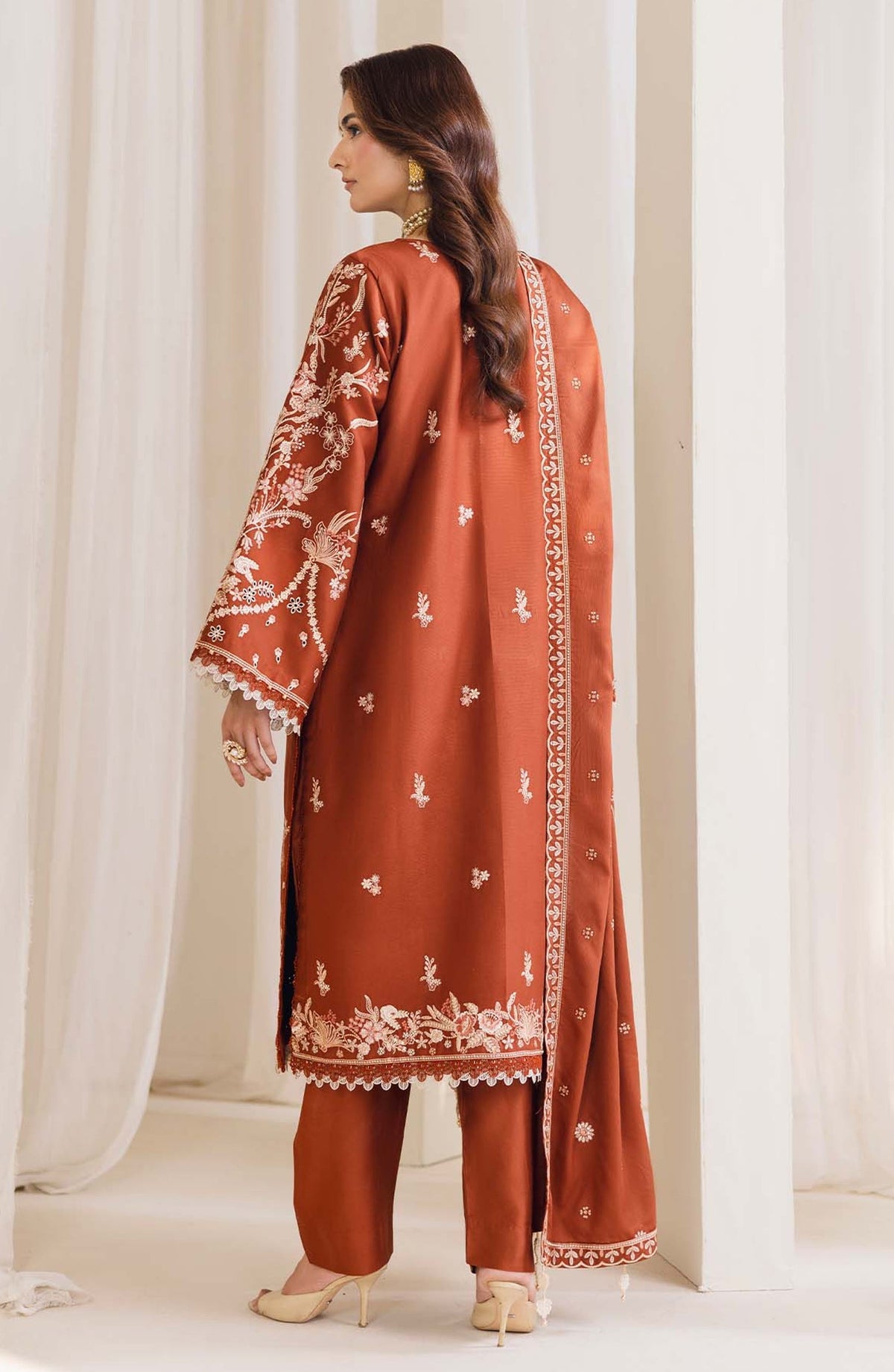 Peridot Embroidered Cotray Unstitched 3 Piece Suit - 593-A - PT26WT - Rust - Winter Collection