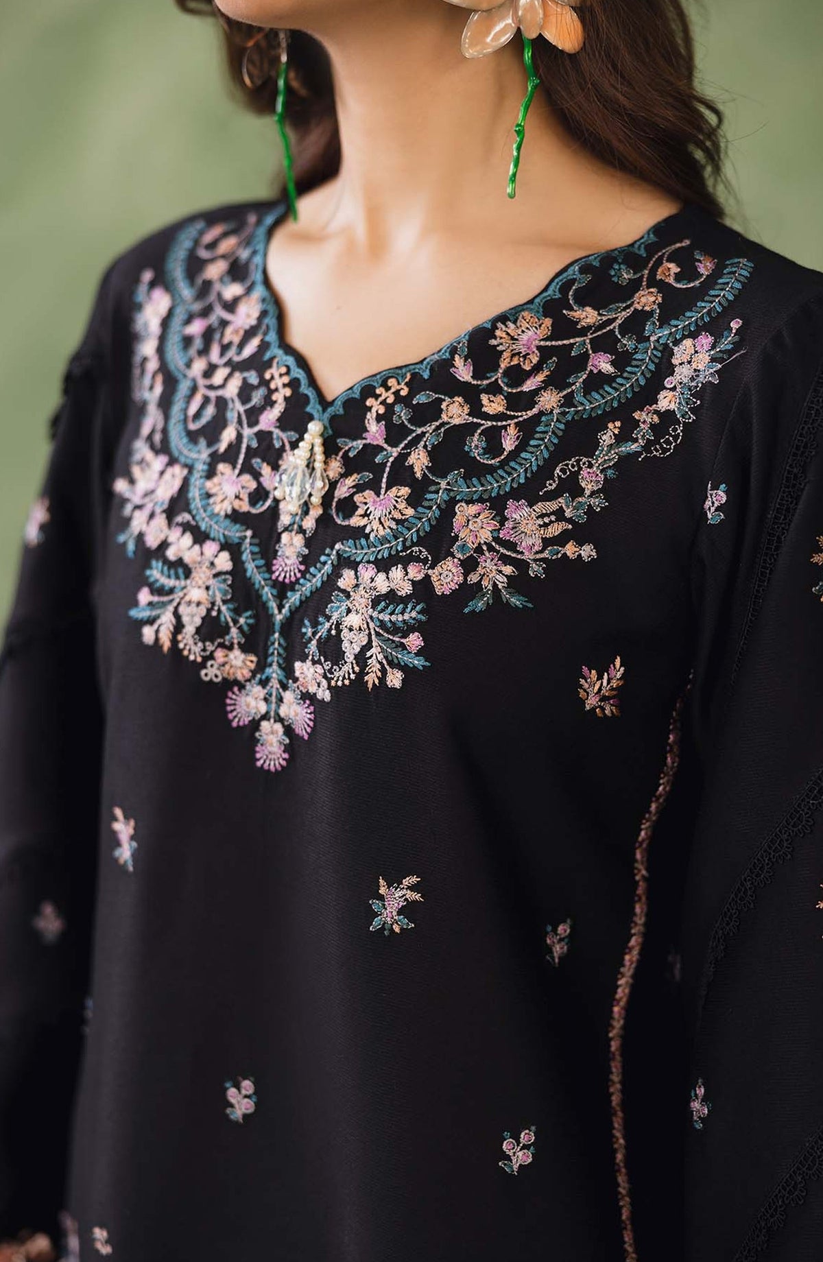 Peridot Embroidered Cotray Unstitched 3 Piece Suit - 592-B - PT26WT - Black - Winter Collection