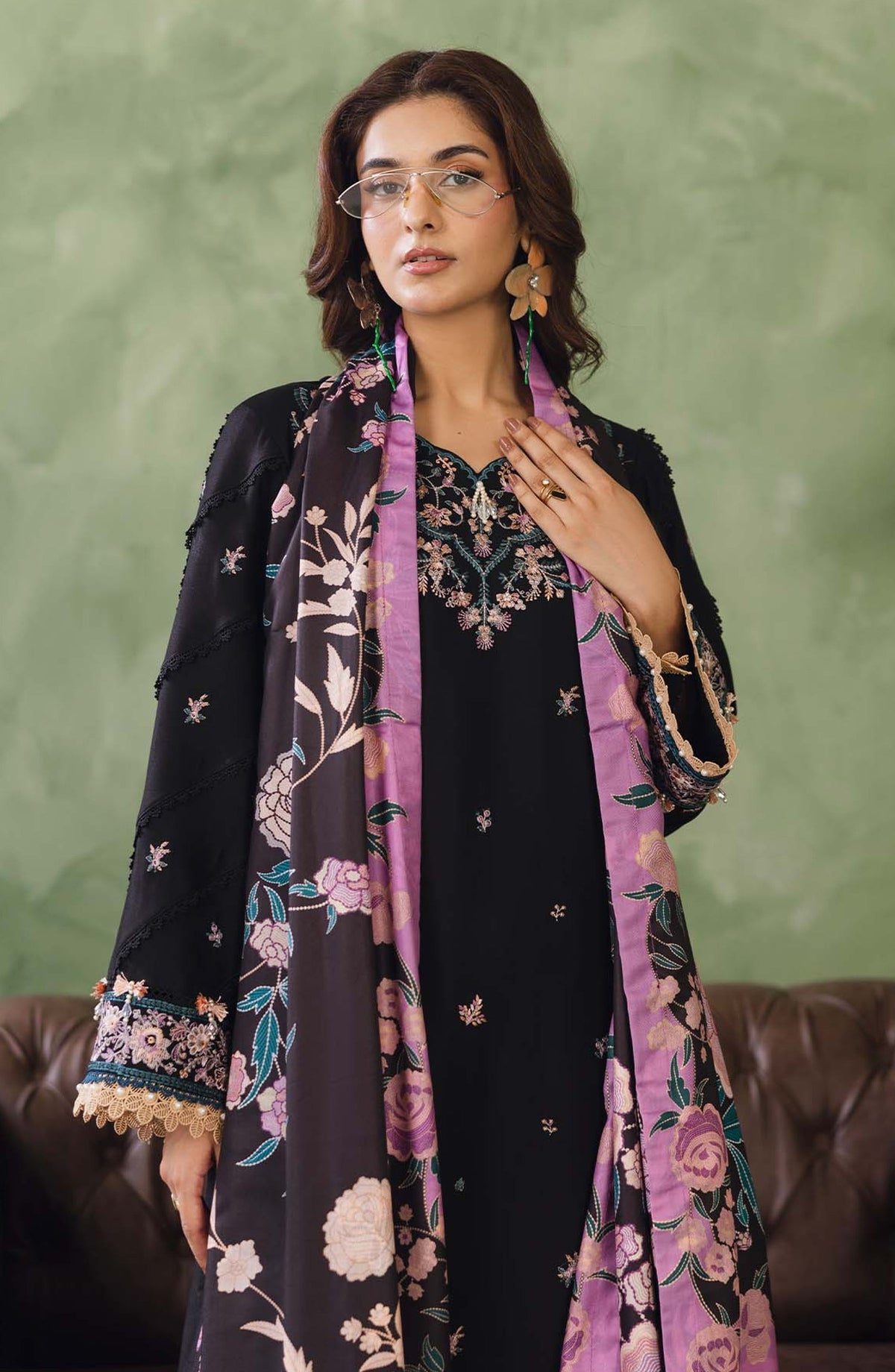 Peridot Embroidered Cotray Unstitched 3 Piece Suit - 592-B - PT26WT - Black - Winter Collection