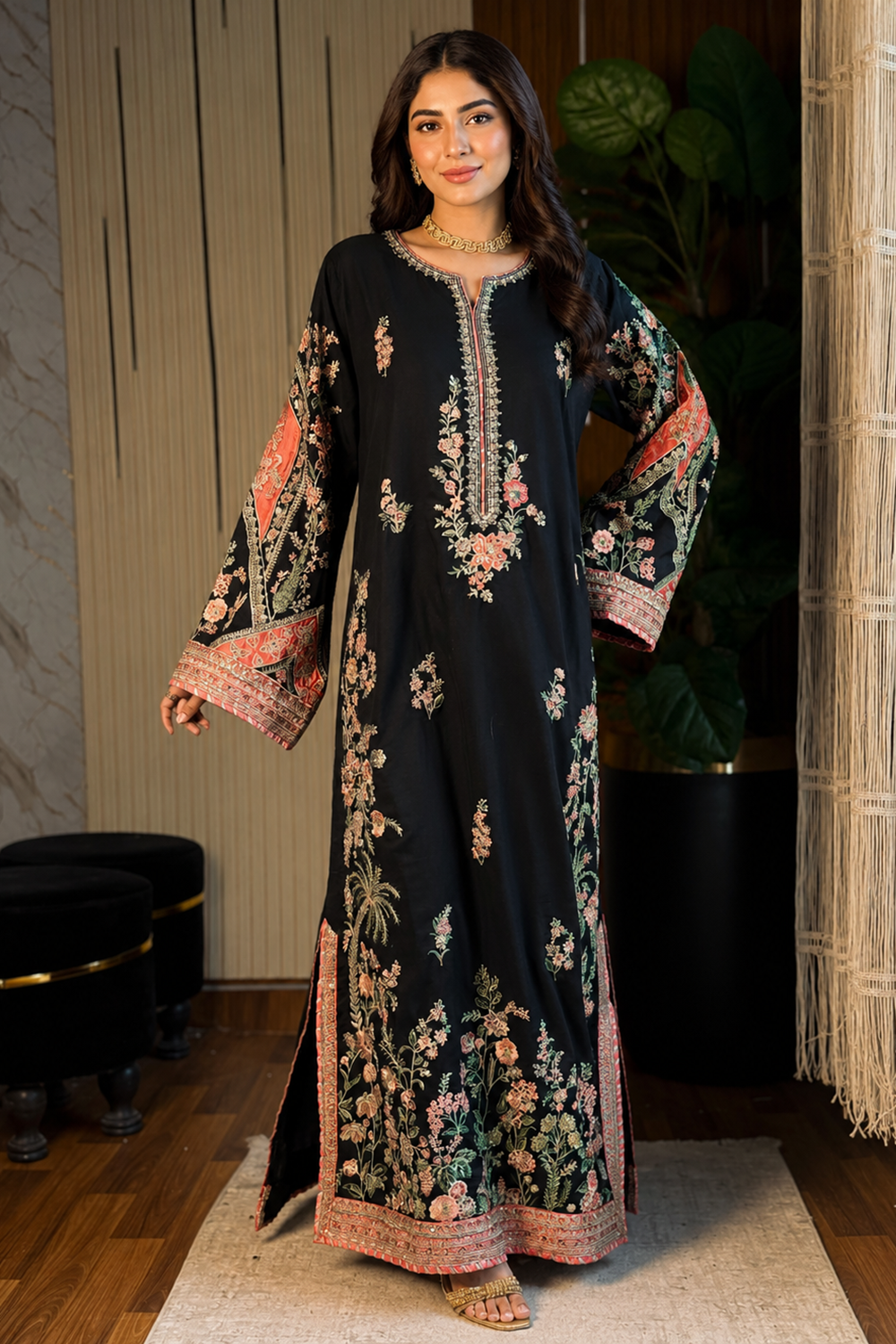 ETHNC Luxury Floral Embroidered Kaftan – Pure Viscose Raw Silk | Ready to Wear - TC-1794