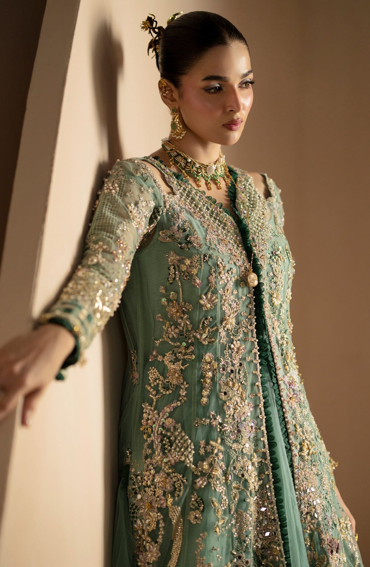 AJR Signature Embroidered Organza Unstitched 3 Piece Suit - 02 Rumi - AJR26WED - Sea Green - Wedding Collection