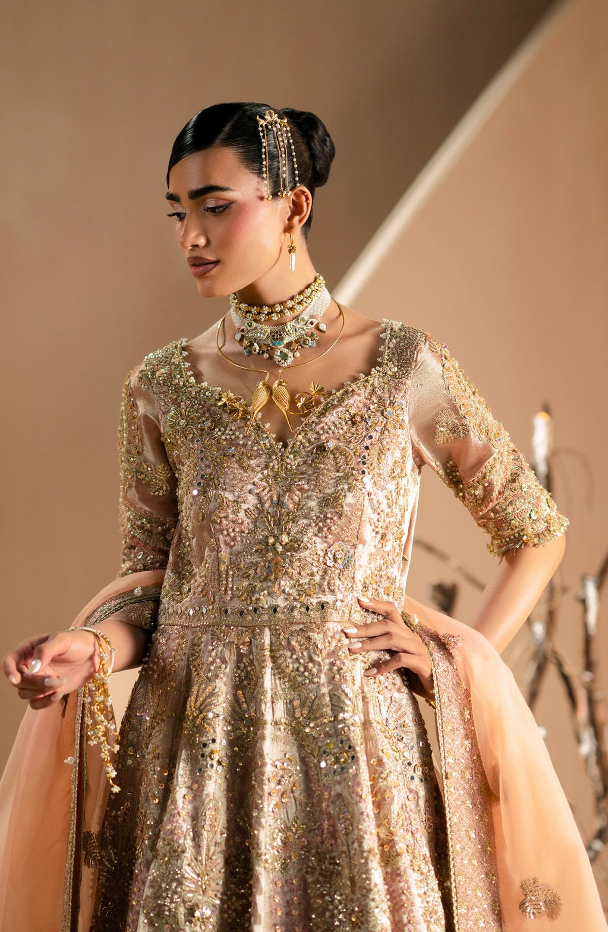 AJR Signature Embroidered Organza Unstitched 3 Piece Suit - 03 Rang-o-Noor - AJR26WED - Peach - Wedding Collection