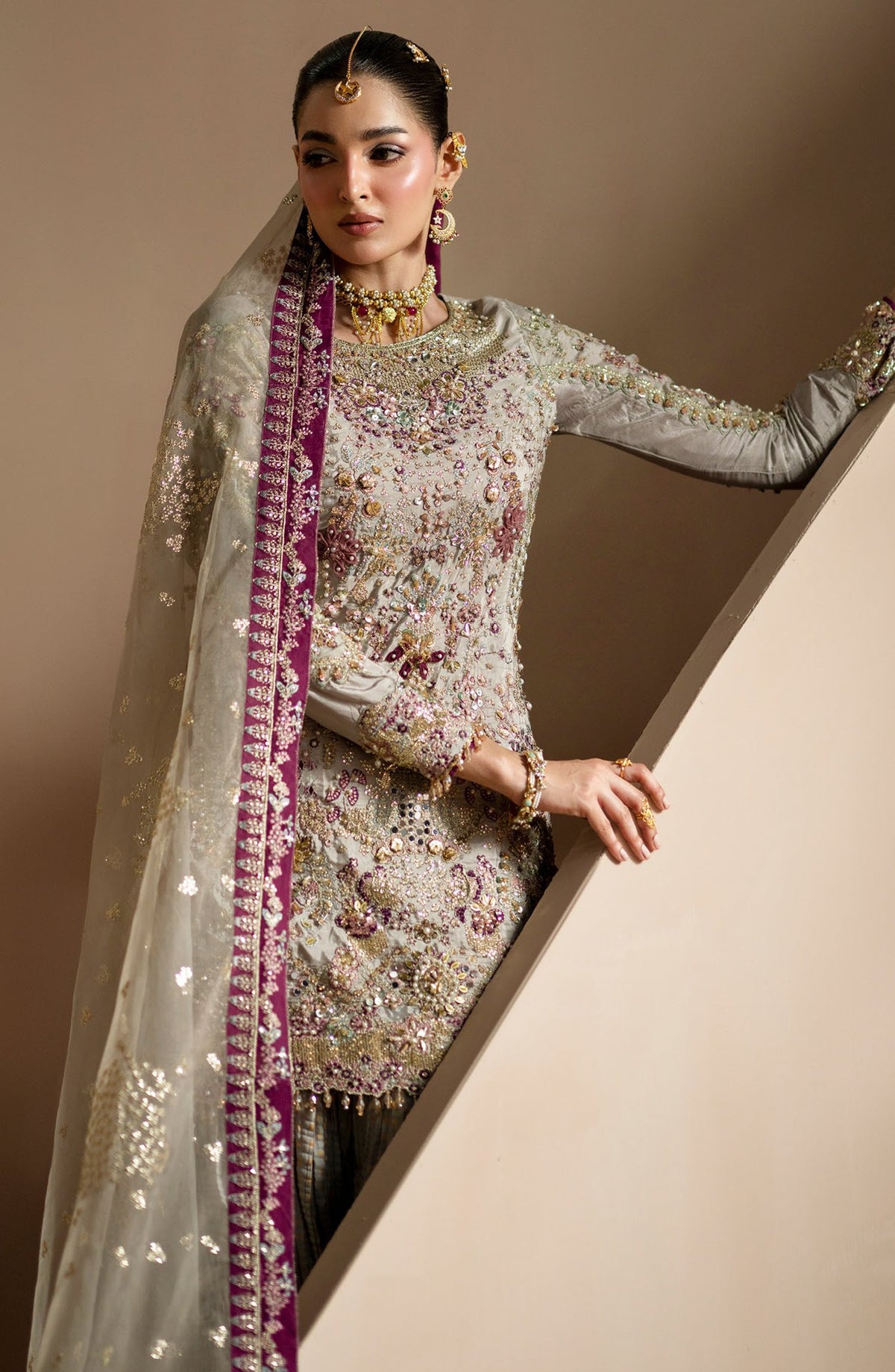 AJR Signature Embroidered Organza Unstitched 3 Piece Suit - 05 Mehr - AJR26WED - Grey - Wedding Collection