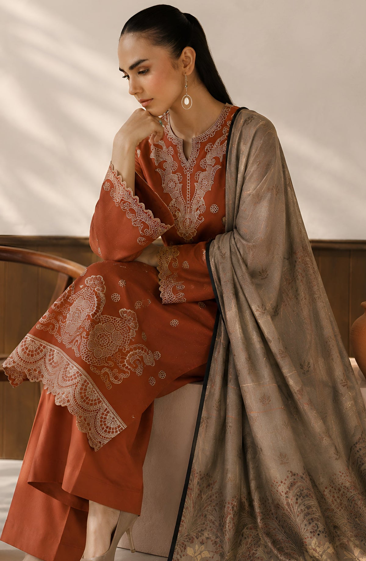 Afreen by Amna Khadija Embroidered Chamki Unstitched 3 Piece Suit - D-02 - AM26FRN - Orange - Winter Collection