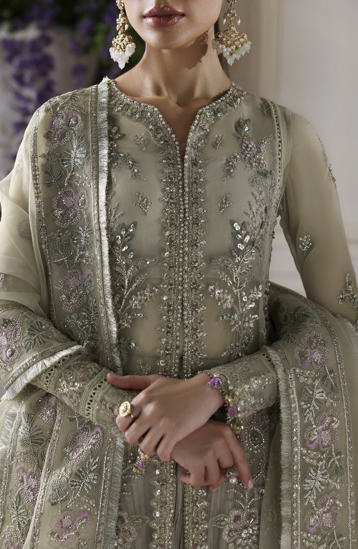 Akbar Aslam Deewani Luxury Embroidered Organza Unstitched 3 Piece Suit - U-1578 - Obsidian - AKA25DW - Green - Formal Collection