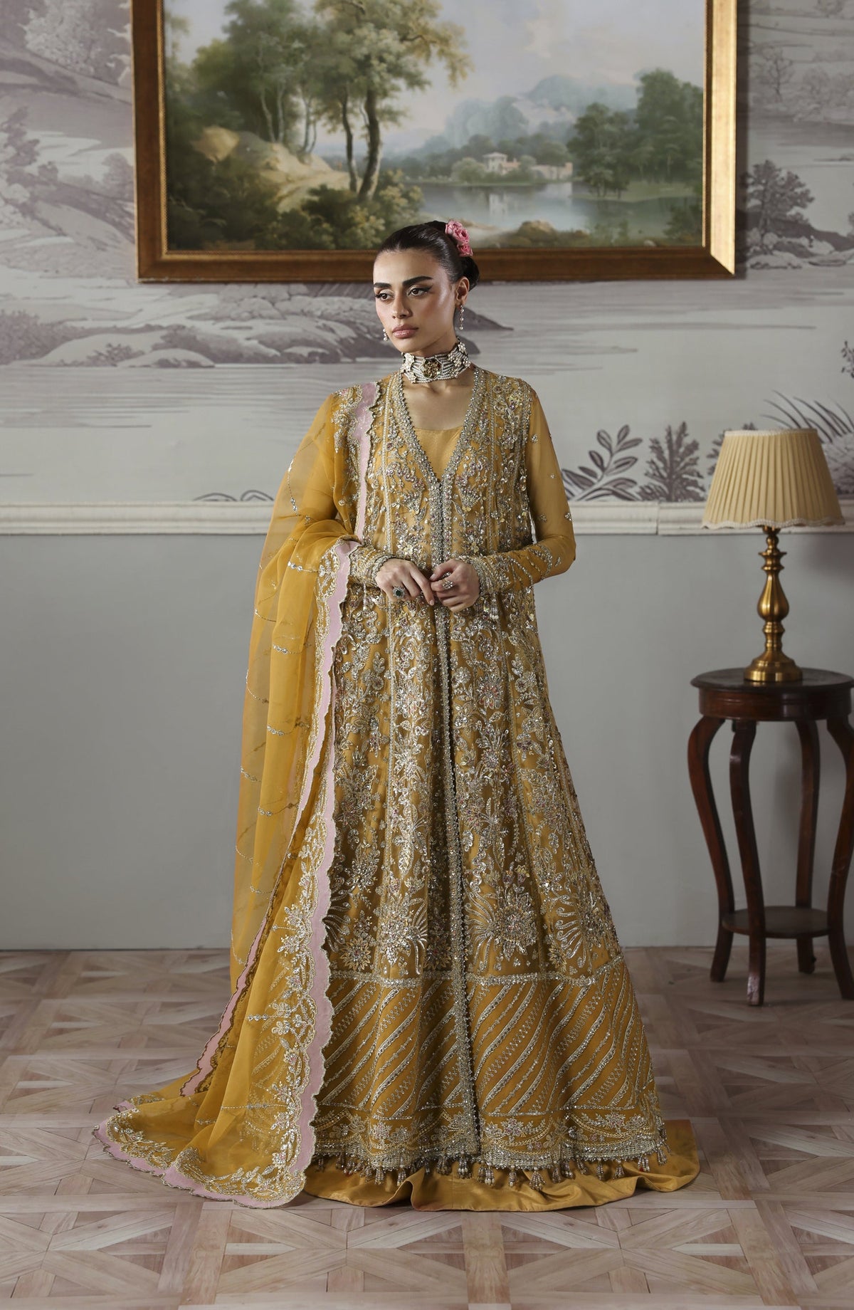 Akbar Aslam Deewani Luxury Embroidered Net Unstitched 3 Piece Suit - U-1571 - Amoria - AKA25DW - Mustard - Formal Collection