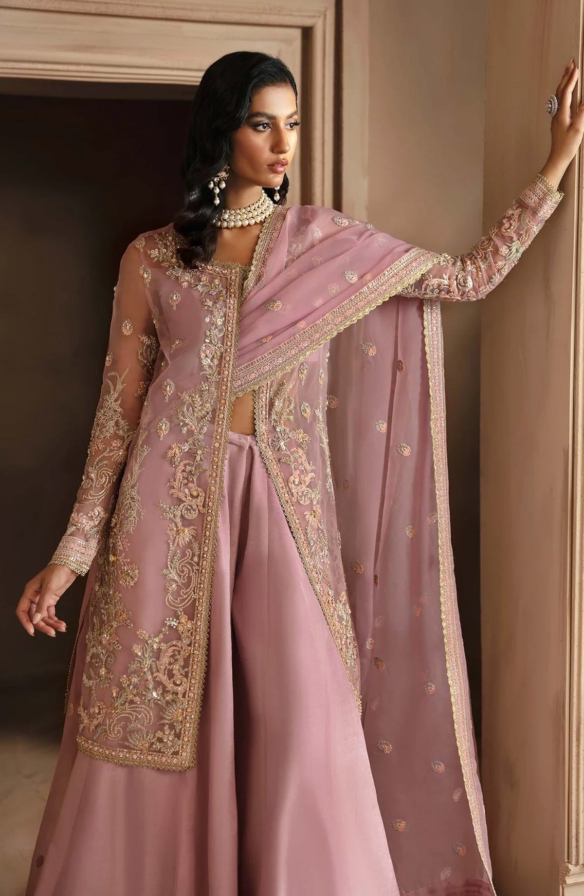 Deewani by Akbar Aslam Luxury Formals Embroidered Organza Unstitched 3 Piece Suit - Seraphine - AKA25DWN2 - Pink - Festive Collection