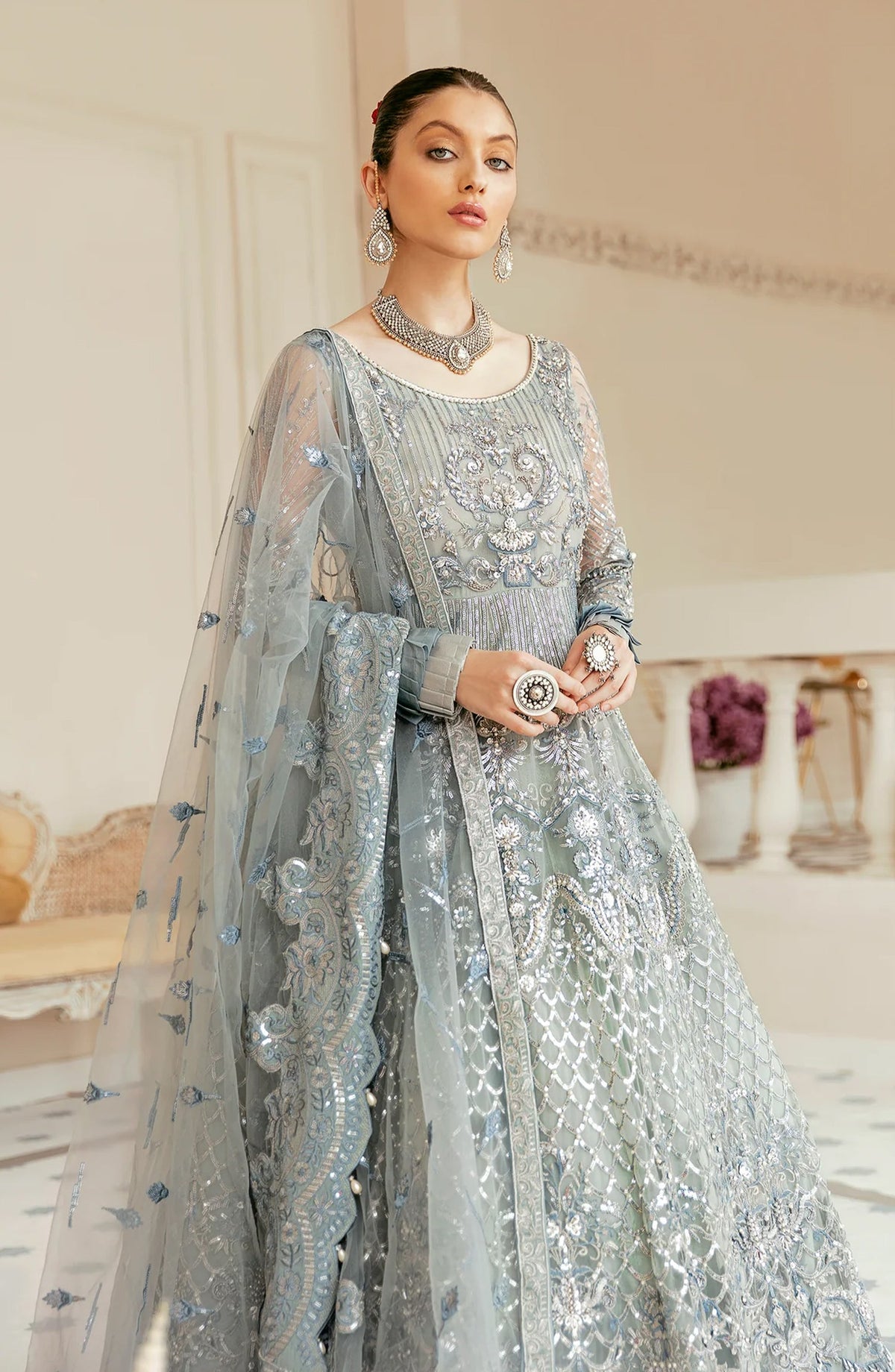 Akbar Aslam Luxury Embroidered Net Unstitched 3 Piece Suit - Bali - AKA25LXF - Blue - Festive Collection