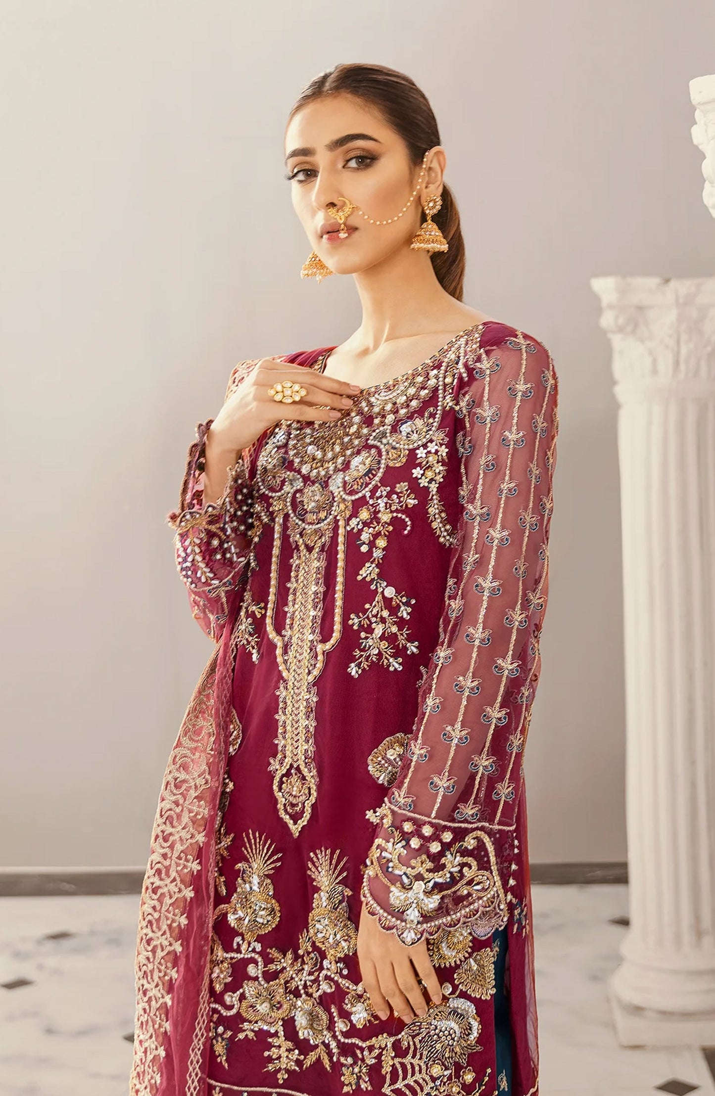 Akbar Aslam Luxury Embroidered Net Unstitched 3 Piece Suit - Agave - AKA25LXF - Red - Festive Collection