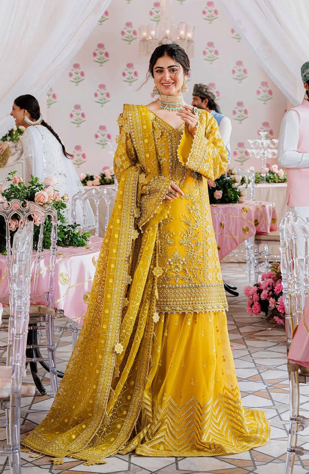 Akbar Aslam Shadmani Luxury Formal Embroidered Organza Unstitched 3 Piece Suit - Meena - AKA25SHD - Yellow - Festive Collection
