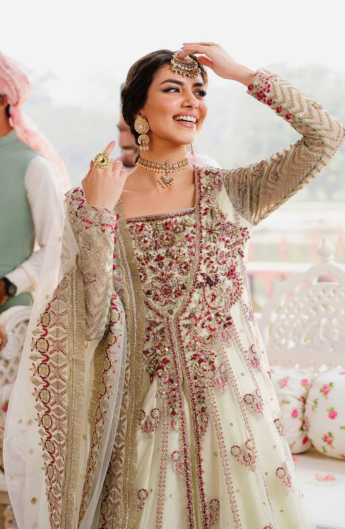 Akbar Aslam Shadmani Luxury Formal Embroidered Net Unstitched 3 Piece Suit - Kaneel - AKA25SHD - Fawn - Festive Collection