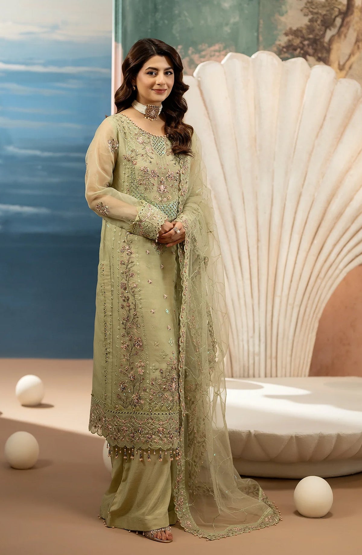 Kimora Embroidered Organza Unstitched 3 Piece Suit - HU-61 - AK26KM - Green - Festive Collection