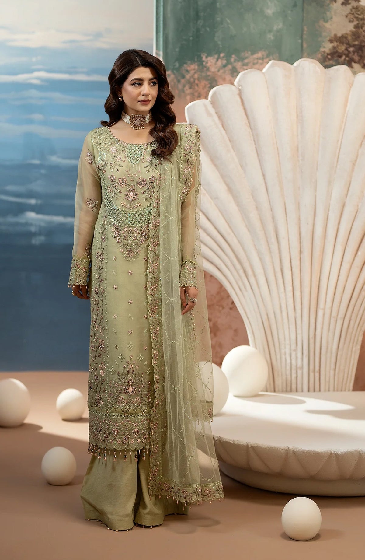 Kimora Embroidered Organza Unstitched 3 Piece Suit - HU-61 - AK26KM - Green - Festive Collection