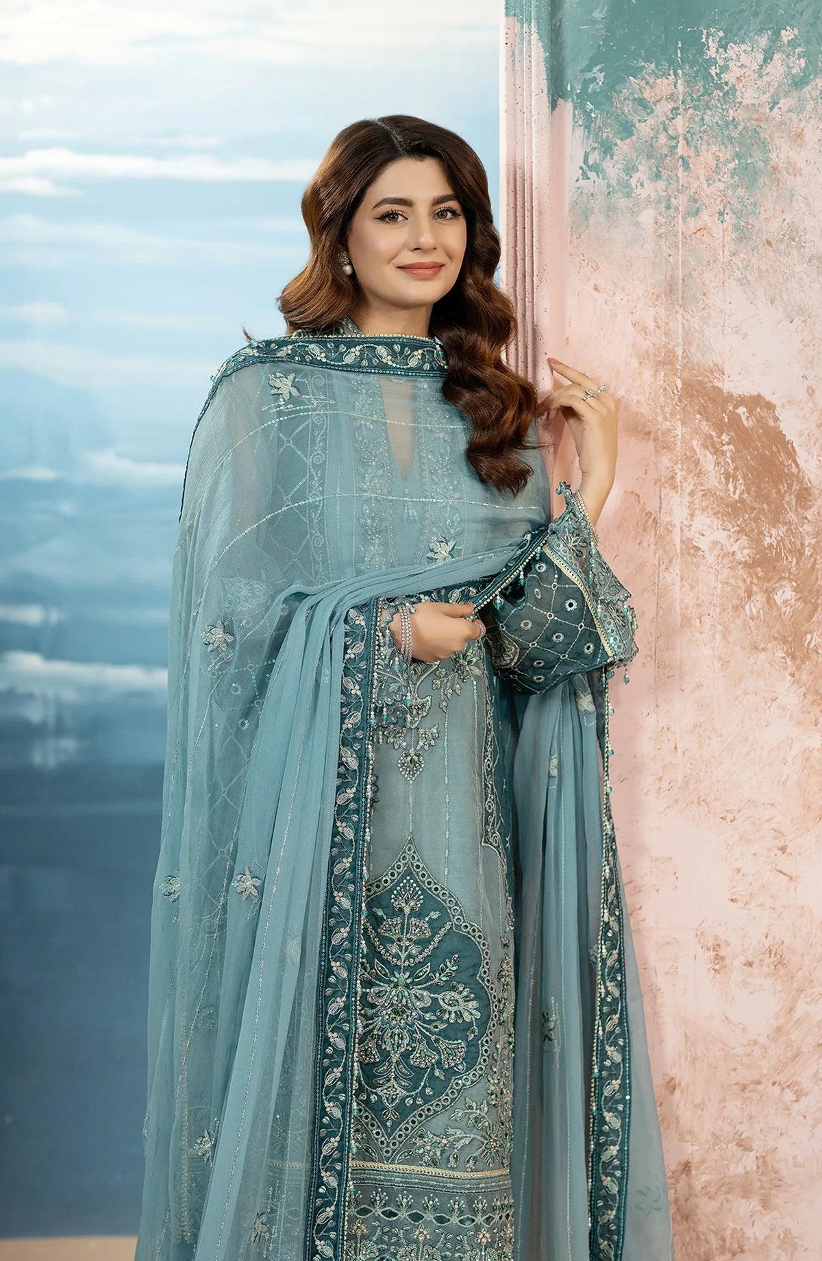 Kimora Embroidered Organza Unstitched 3 Piece Suit - HU-63 - AK26KM - Blue - Festive Collection