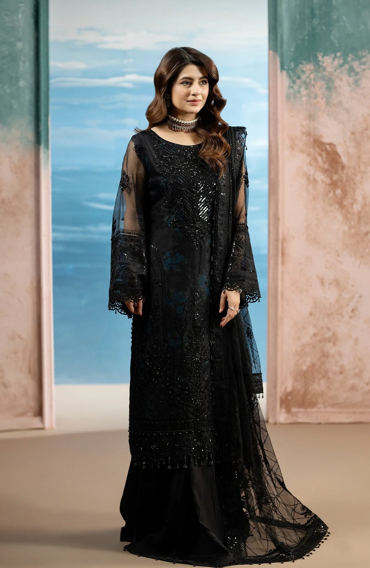 Kimora Embroidered Organza Unstitched 3 Piece Suit - HU-66 - AK26KM - Black - Festive Collection