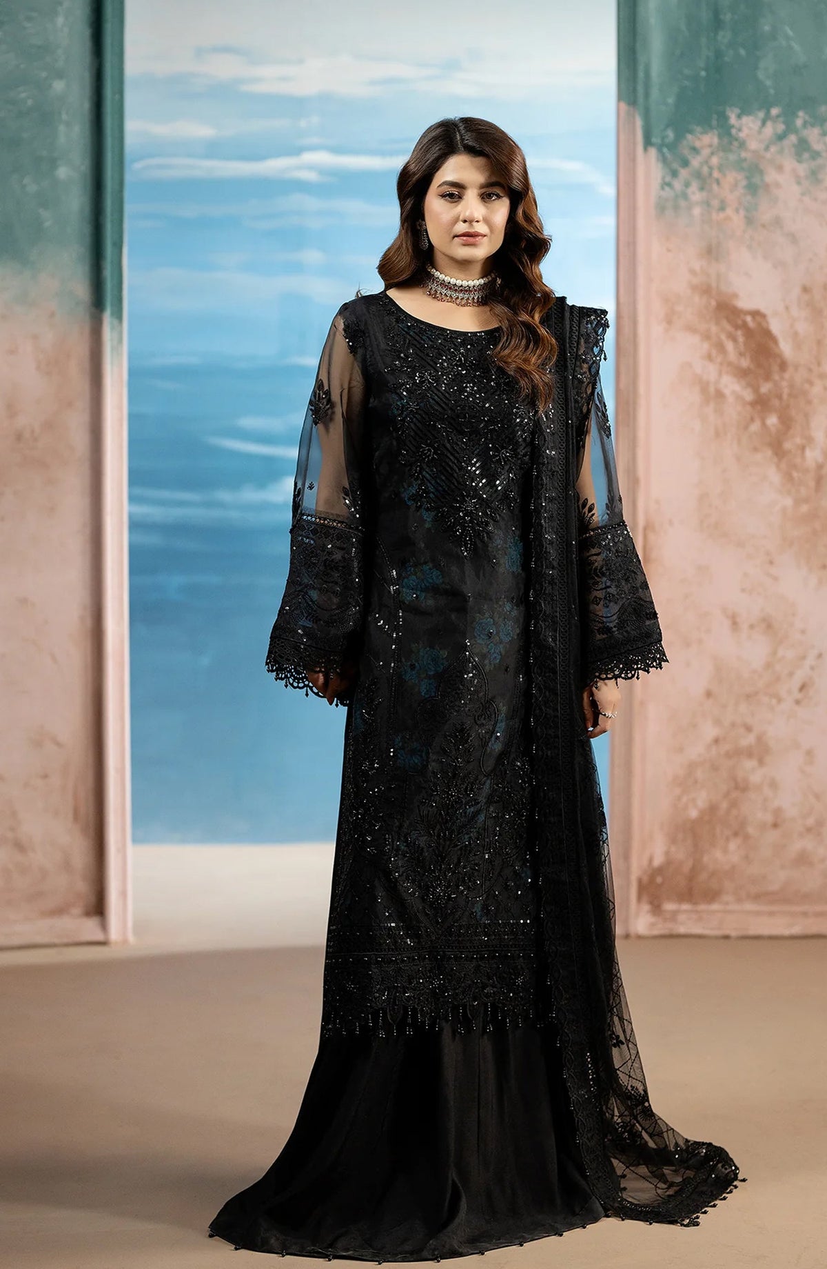 Kimora Embroidered Organza Unstitched 3 Piece Suit - HU-66 - AK26KM - Black - Festive Collection