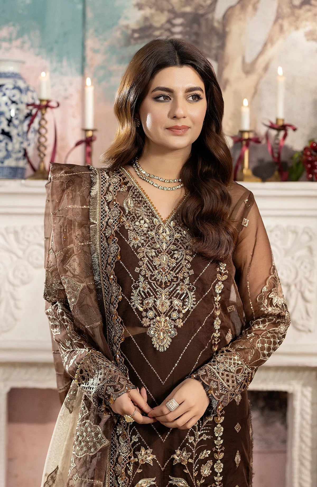 Kimora Embroidered Organza Unstitched 3 Piece Suit - HU-70 - AK26KM - Brown - Festive Collection