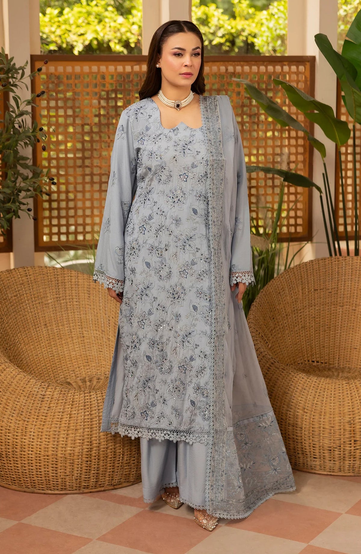 Zaryab Embroidered Silk Karandi Unstitched 3 Piece Suit - KRS-293 - AK26YB - Blue - Winter Collection