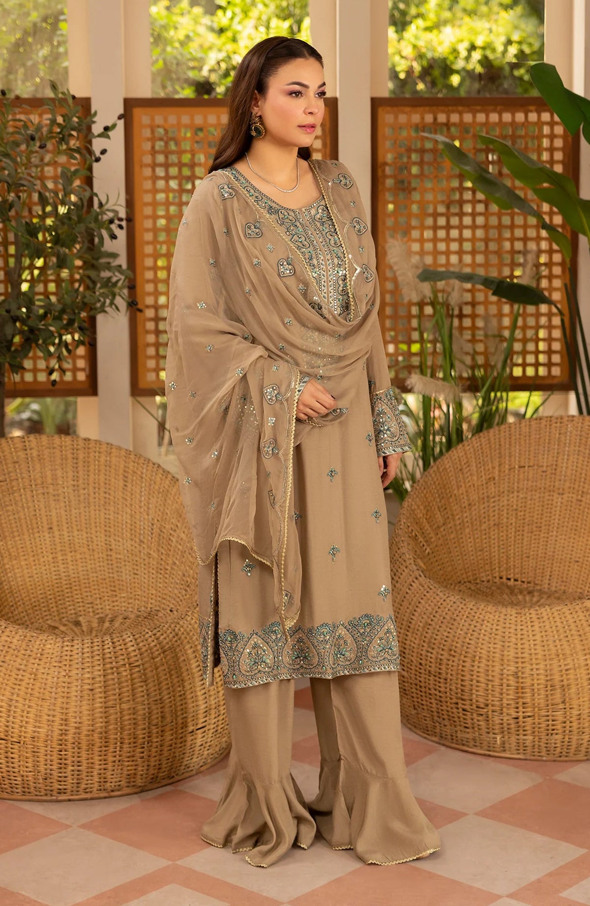 Zaryab Embroidered Silk Karandi Unstitched 3 Piece Suit - KRS-295 - AK26YB - Beige - Winter Collection