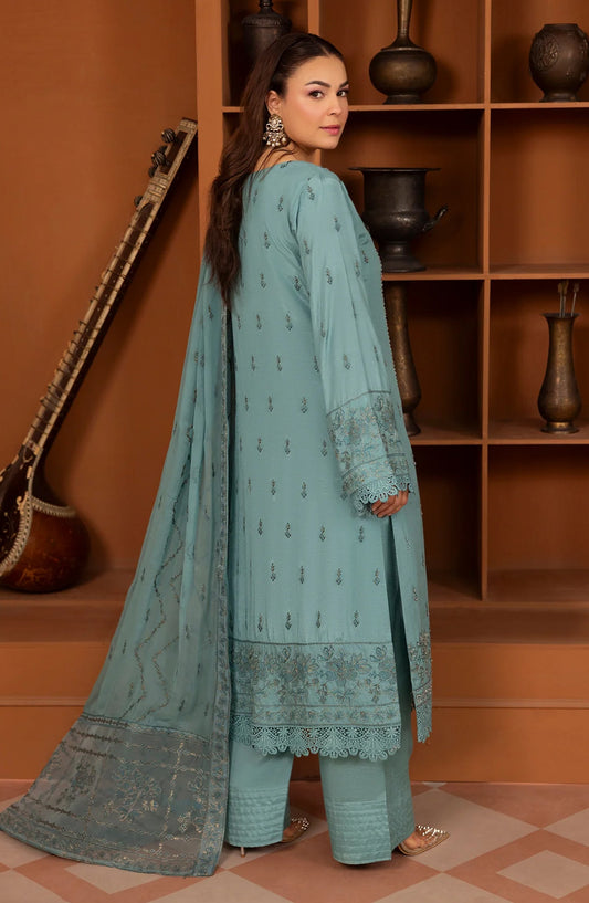 Zaryab Embroidered Silk Karandi Unstitched 3 Piece Suit - KRS-296 - AK26YB - Blue - Winter Collection