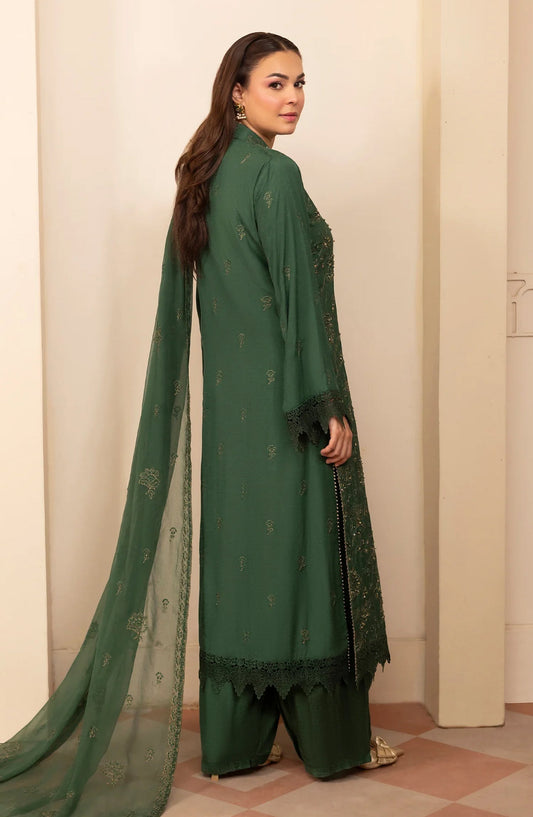 Zaryab Embroidered Silk Karandi Unstitched 3 Piece Suit - KRS-298 - AK26YB - Green - Winter Collection