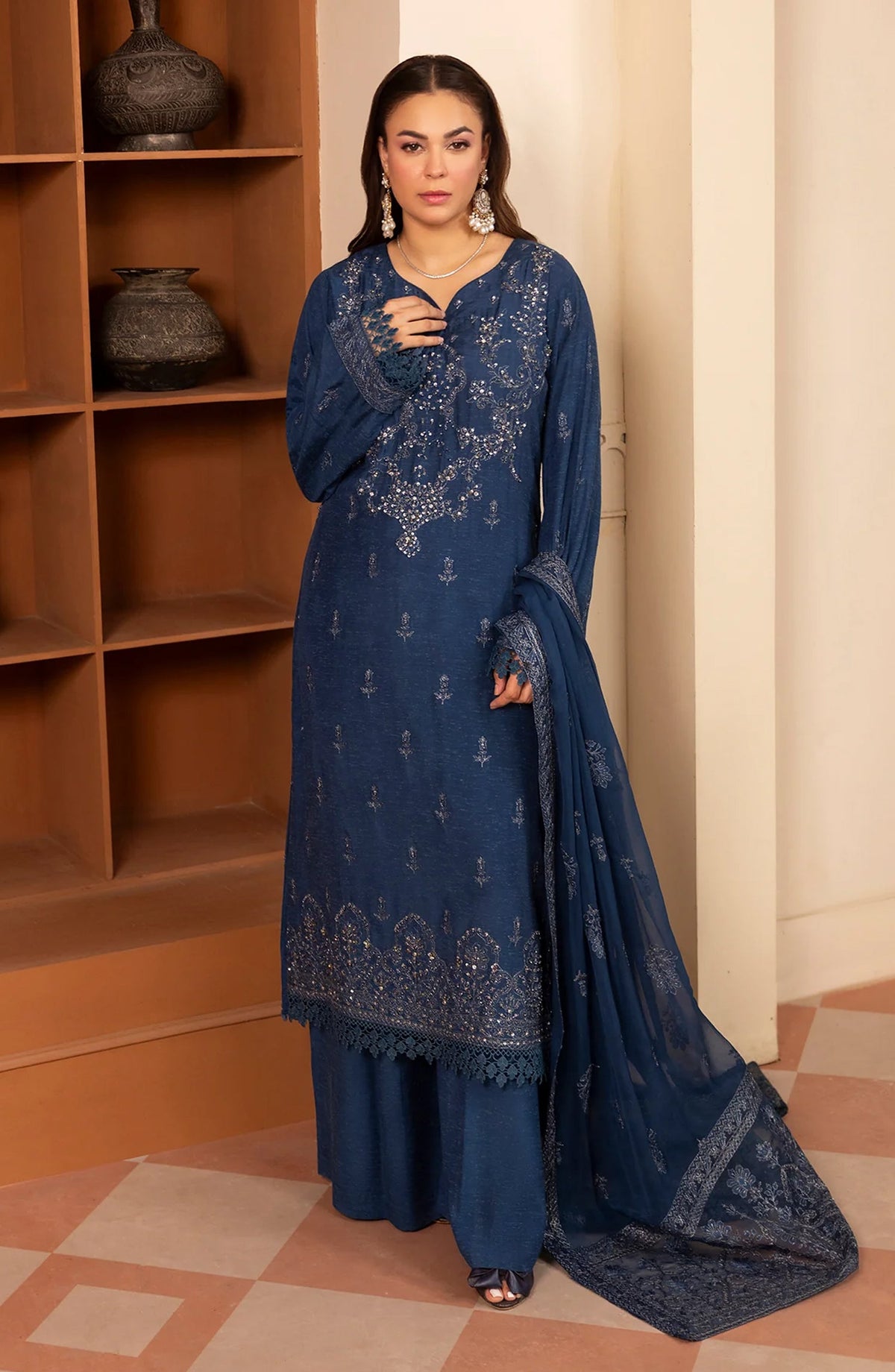 Zaryab Embroidered Silk Karandi Unstitched 3 Piece Suit - KRS-299 - AK26YB - Blue - Winter Collection