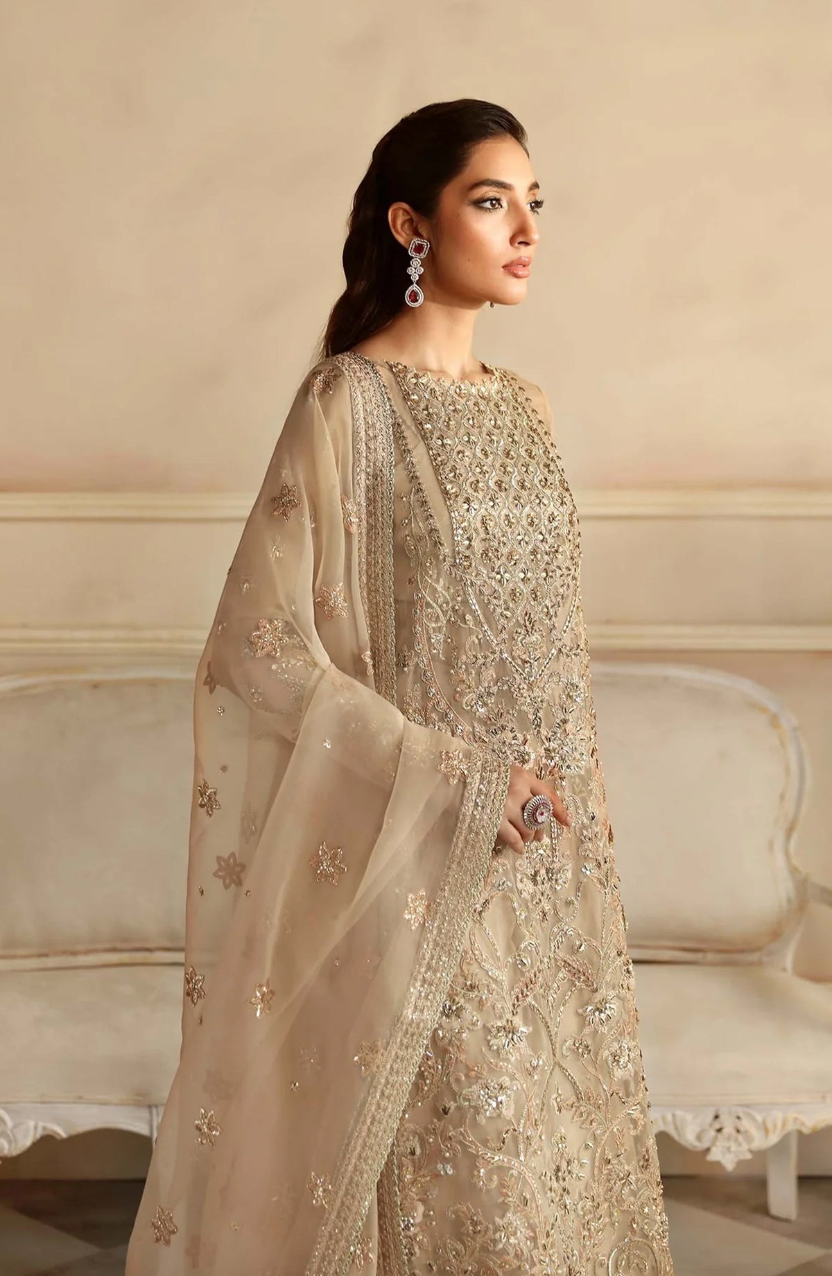 Aleia by Akbar Aslam Luxury Formals Embroidered Organza Unstitched 3 Piece Suit - Nacar - AKA25ALE - Fawn - Festive Collection