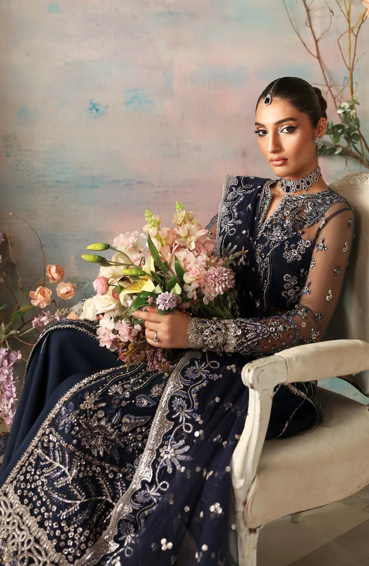 Aleia by Akbar Aslam Luxury Formals Embroidered Net Unstitched 3 Piece Suit - Azur - AKA25ALE - Blue - Festive Collection
