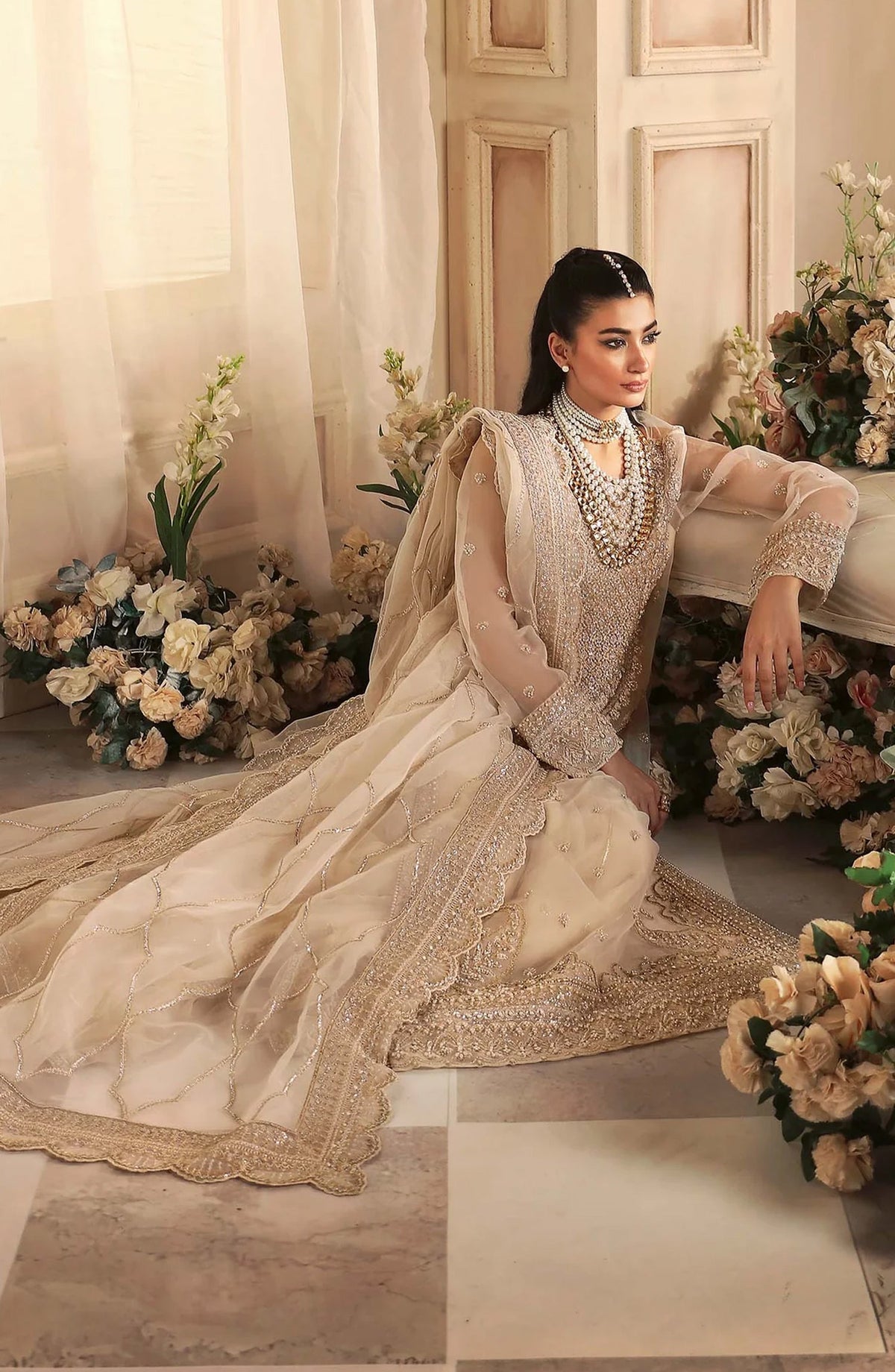 Aleia by Akbar Aslam Luxury Formals Embroidered Organza Unstitched 3 Piece Suit - Azucena - AKA25ALE - Fawn - Festive Collection
