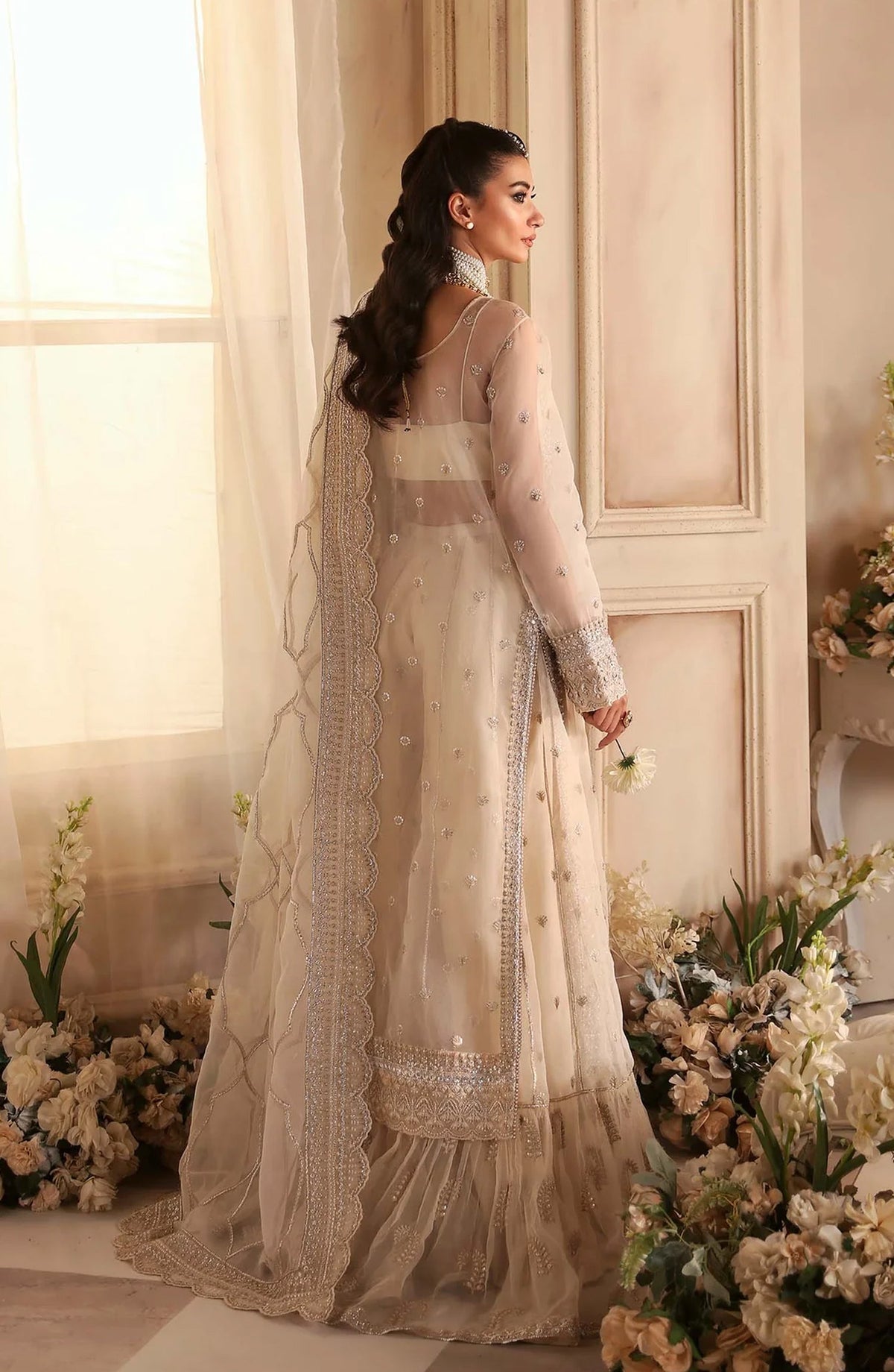 Aleia by Akbar Aslam Luxury Formals Embroidered Organza Unstitched 3 Piece Suit - Azucena - AKA25ALE - Fawn - Festive Collection