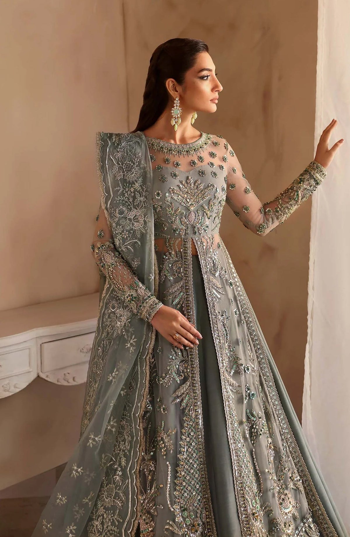 Aleia by Akbar Aslam Luxury Formals Embroidered Net Unstitched 3 Piece Suit - Noche - AKA25ALE - Blue - Festive Collection