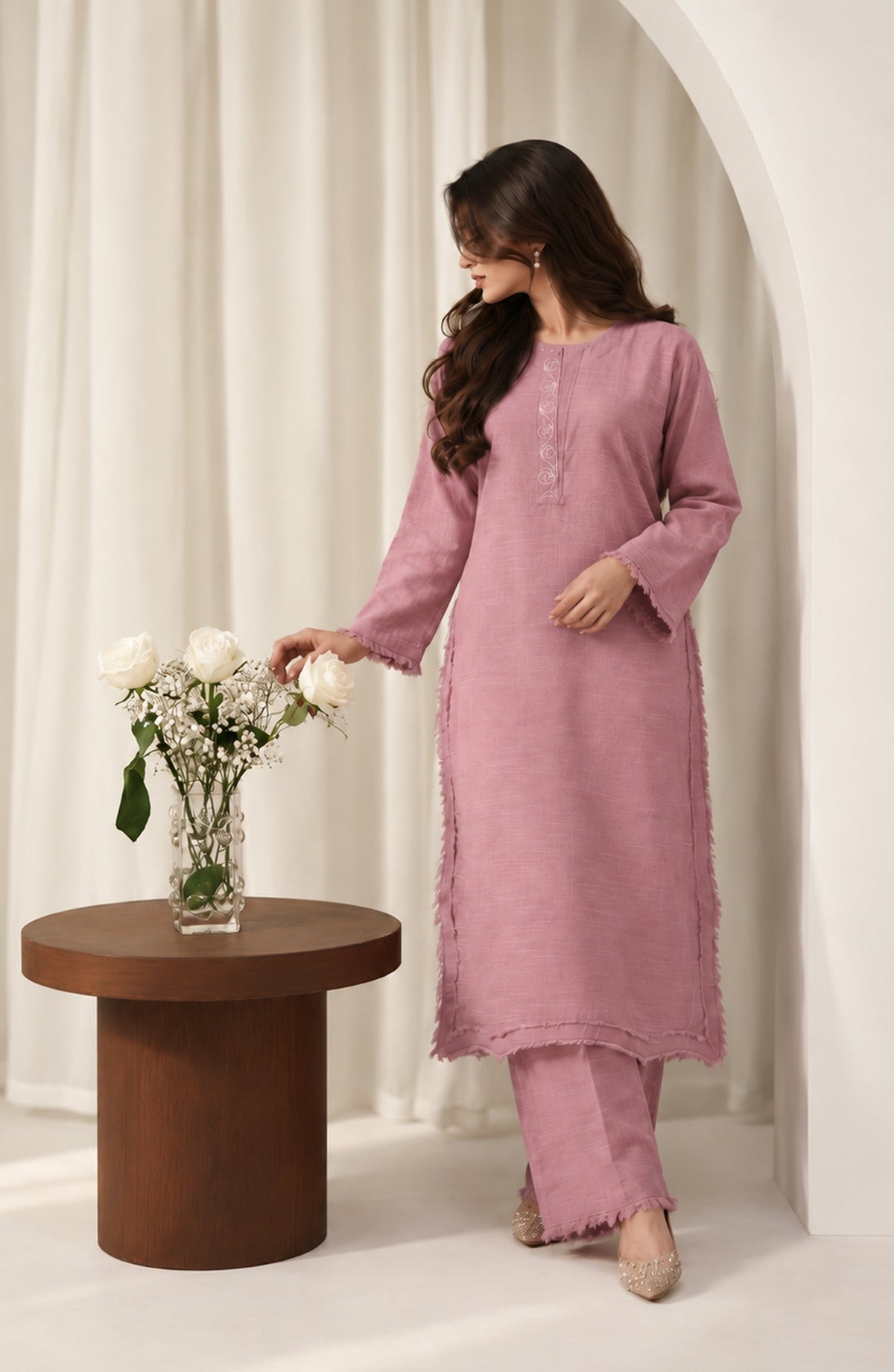 Amaya by Amna Khadija Embroidered Khaddar Stitched 2 Piece Co-ord Set - AKAW-01 - AM26AYA - Pink - Winter Collection
