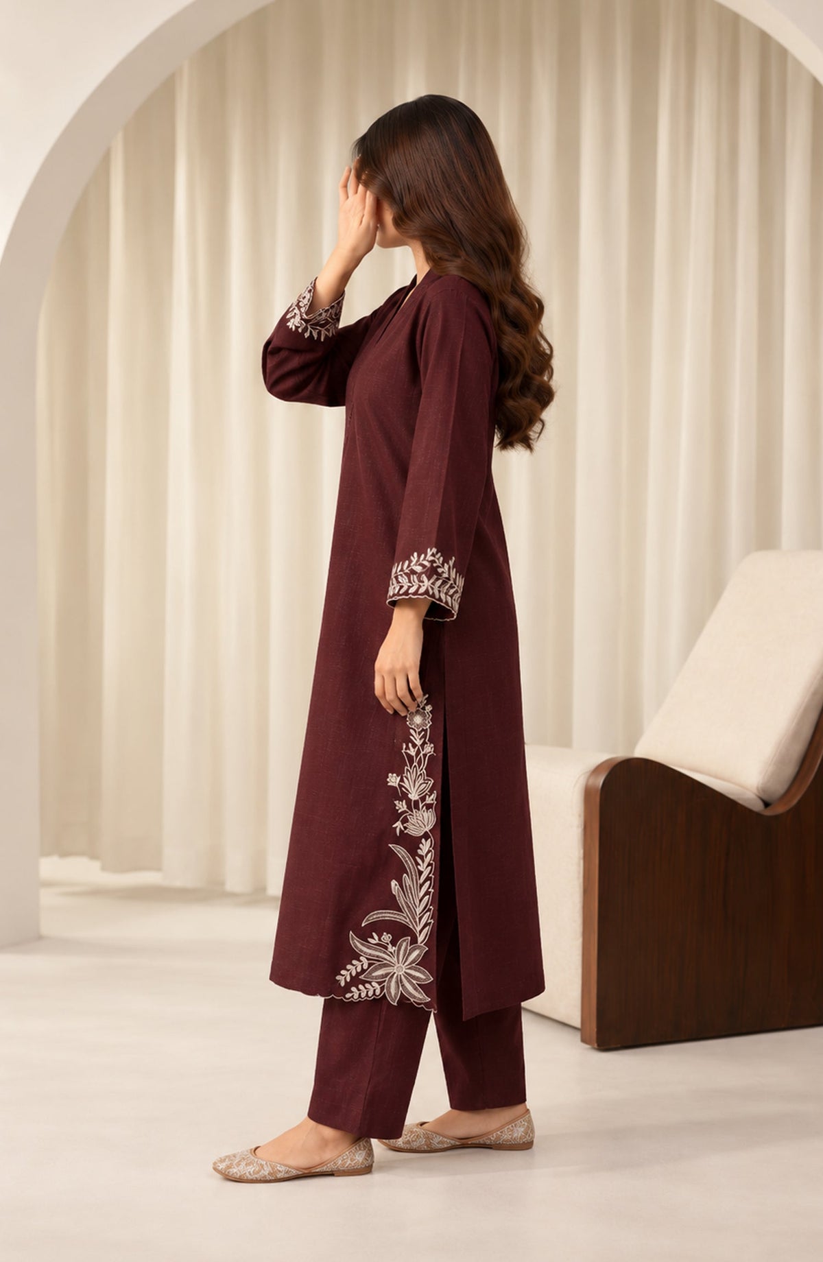 Amaya by Amna Khadija Embroidered Khaddar Stitched 2 Piece Co-ord Set - AKAW-04 - AM26AYA - Brown - Winter Collection
