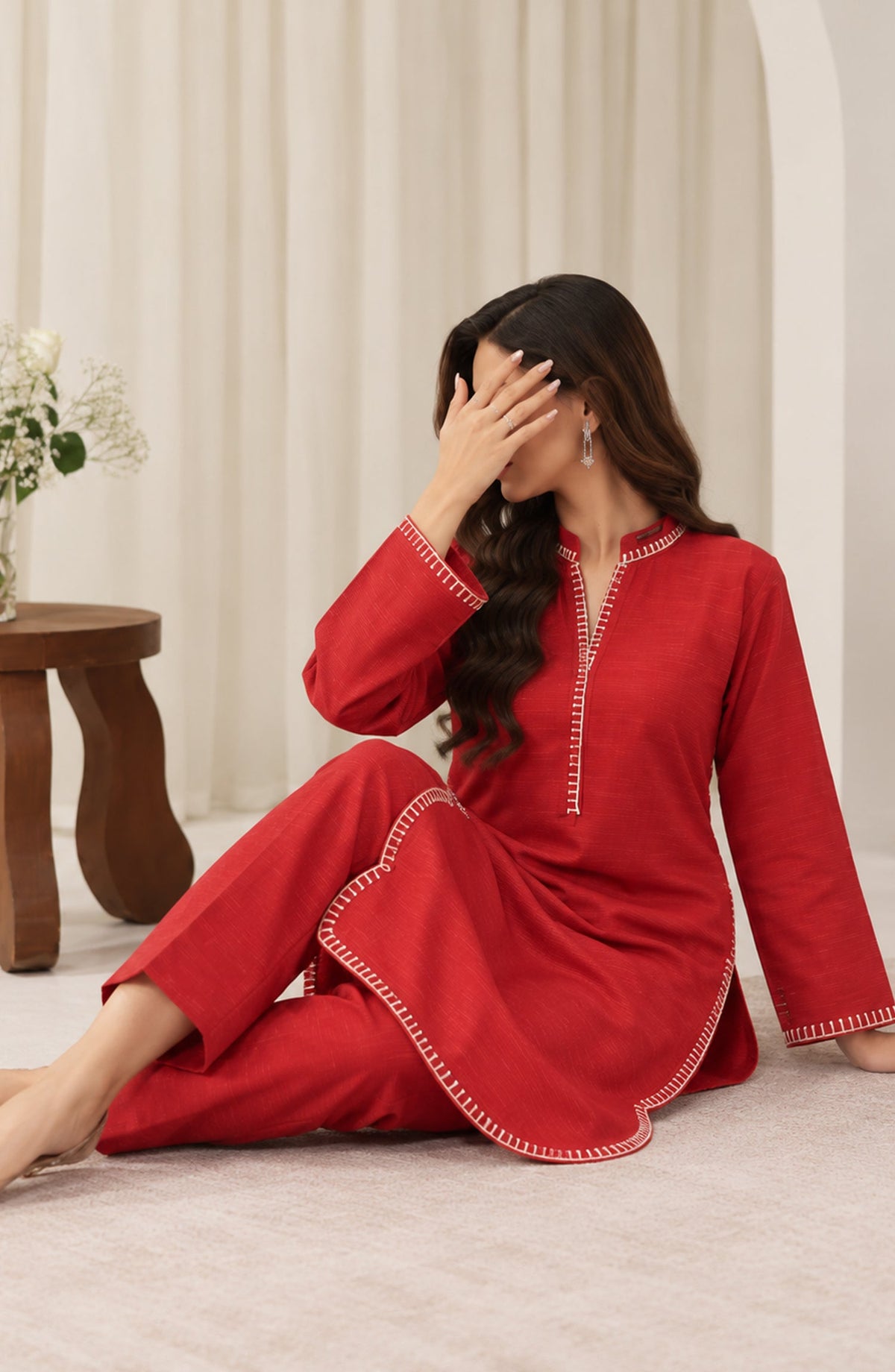 Amaya by Amna Khadija Embroidered Khaddar Stitched 2 Piece Co-ord Set - AKAW-06 - AM26AYA - Red - Winter Collection